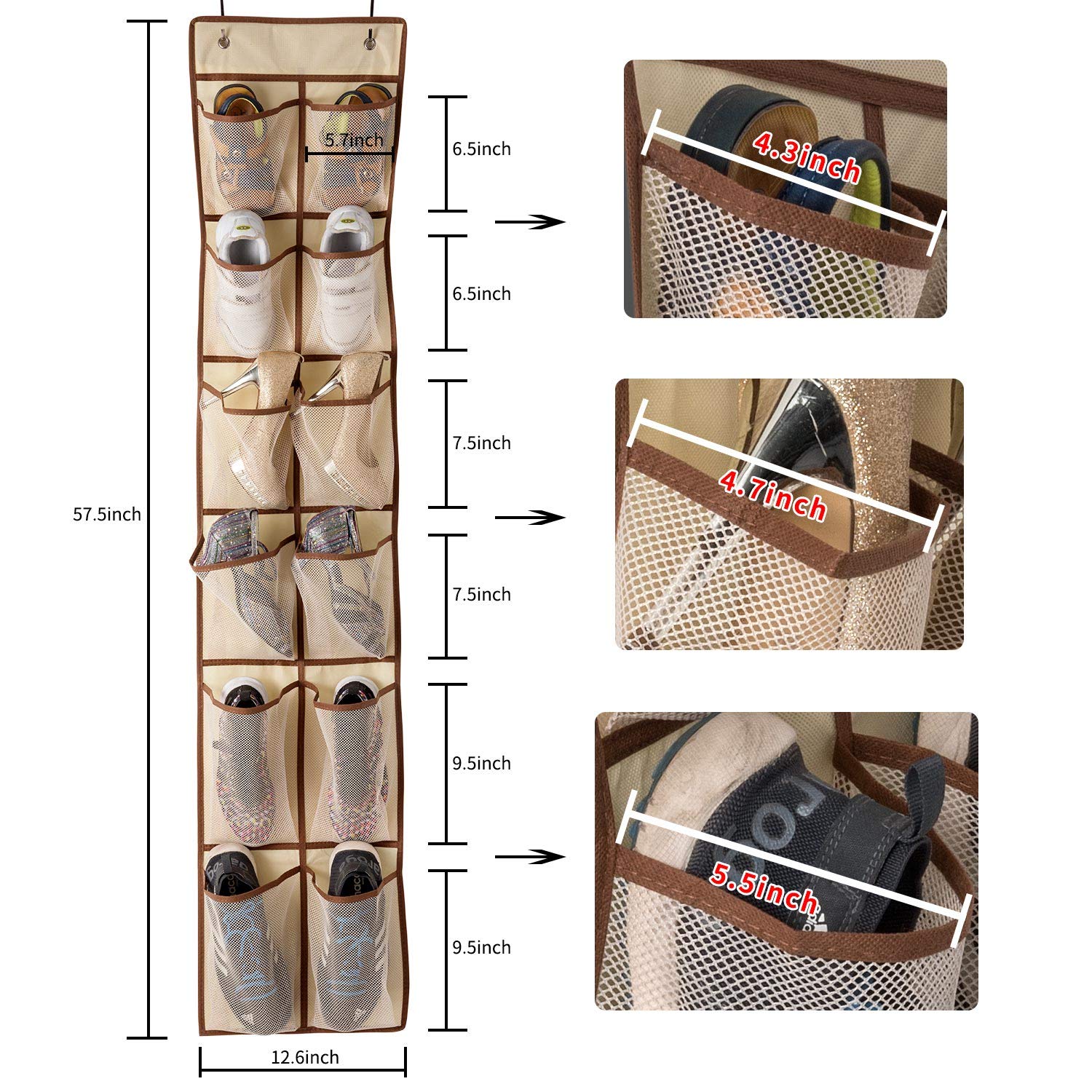 KEEPJOY Over The Door Hanging Shoe Organizer with 12 Mesh Pockets - Space Saving Closet Storage for Men, Women & Kids Shoes - 57.5×12.6 Inch Beige - Perfect for Bedrooms, Dorm Rooms and Entryway Organization