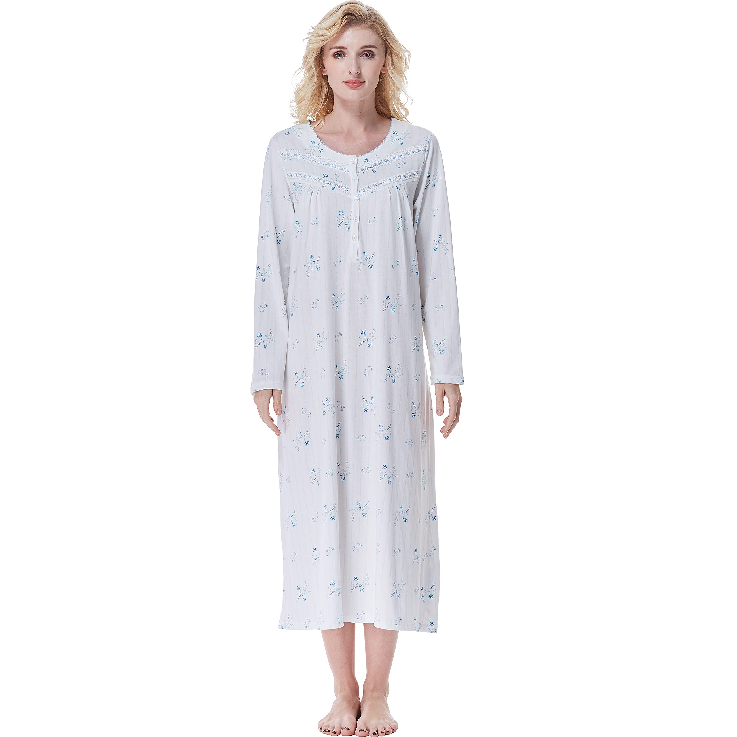 Keyocean Women's Soft Cotton Nightgown - Comfortable Lightweight Long Sleeve Sleepwear for Relaxing at Home or Overnight Travel