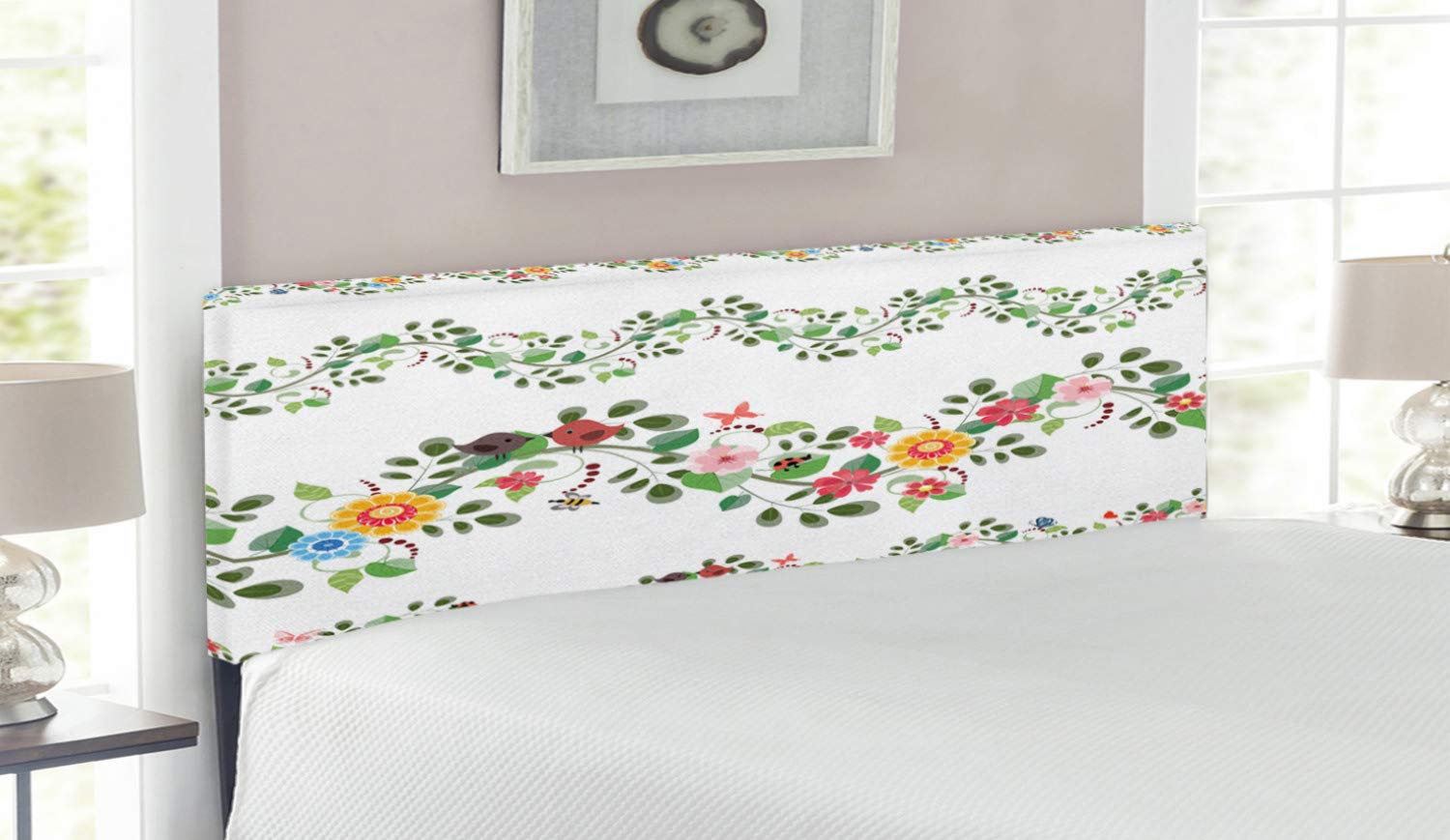 Ambesonne Green Floral Headboard - Vintage Upholstered Metal Bed Frame with Memory Foam, Queen Size, Multicolor Abstract Design for Bedroom Decor | Perfect for Master Bedroom, Guest Room & Home Staging
