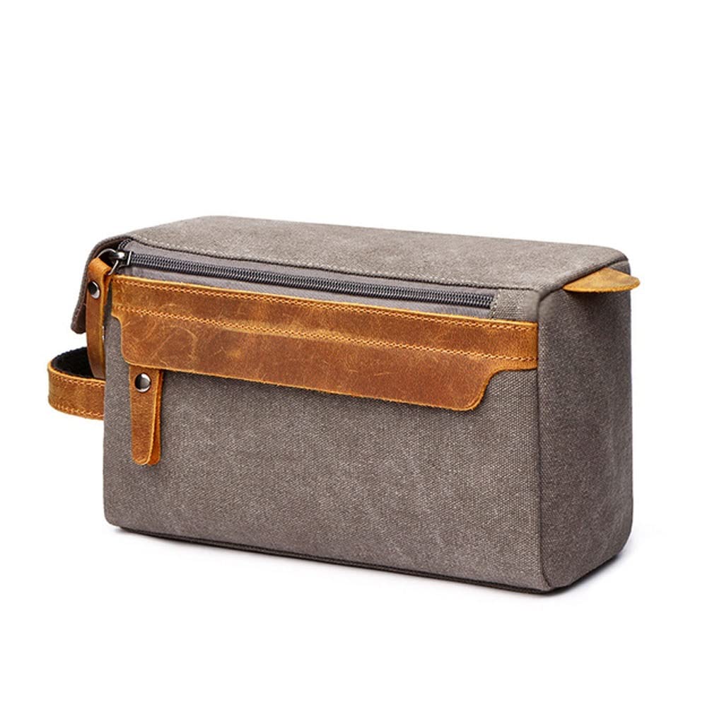 Premium Leather & Canvas Toiletry Bag for Men - Travel Shaving Kit with Durable Design (Gray) - Ideal for Business Trips, Gym & Weekend Getaways