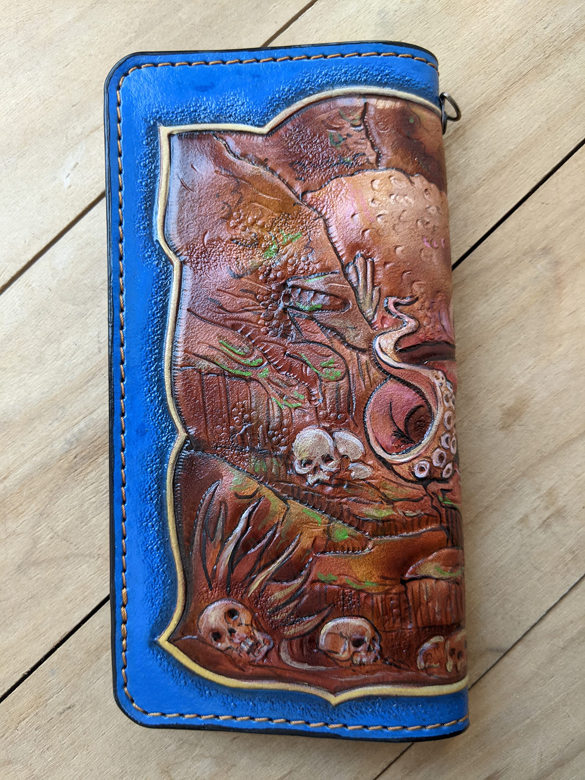 Handcrafted 3D Genuine Leather Men's Wallet - Biker Style Long Wallet with Intricate Octopus Carving & Custom Personalization | Perfect for Motorcycle Enthusiasts & Unique Gift Giving