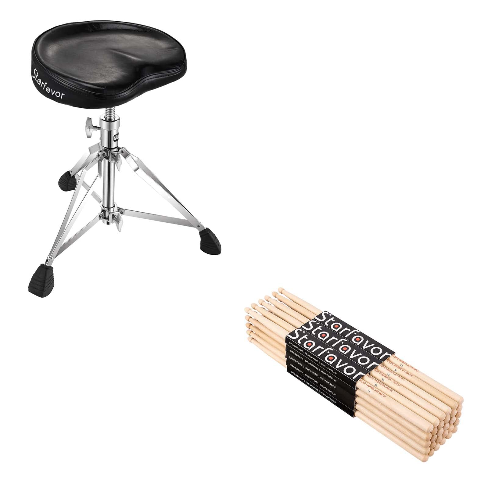 Starfavor Ergonomic Drum Throne with 7A Drum Sticks - Adjustable Height Drum Seat for Drummers, Perfect for Practice, Live Performances & Studio Sessions