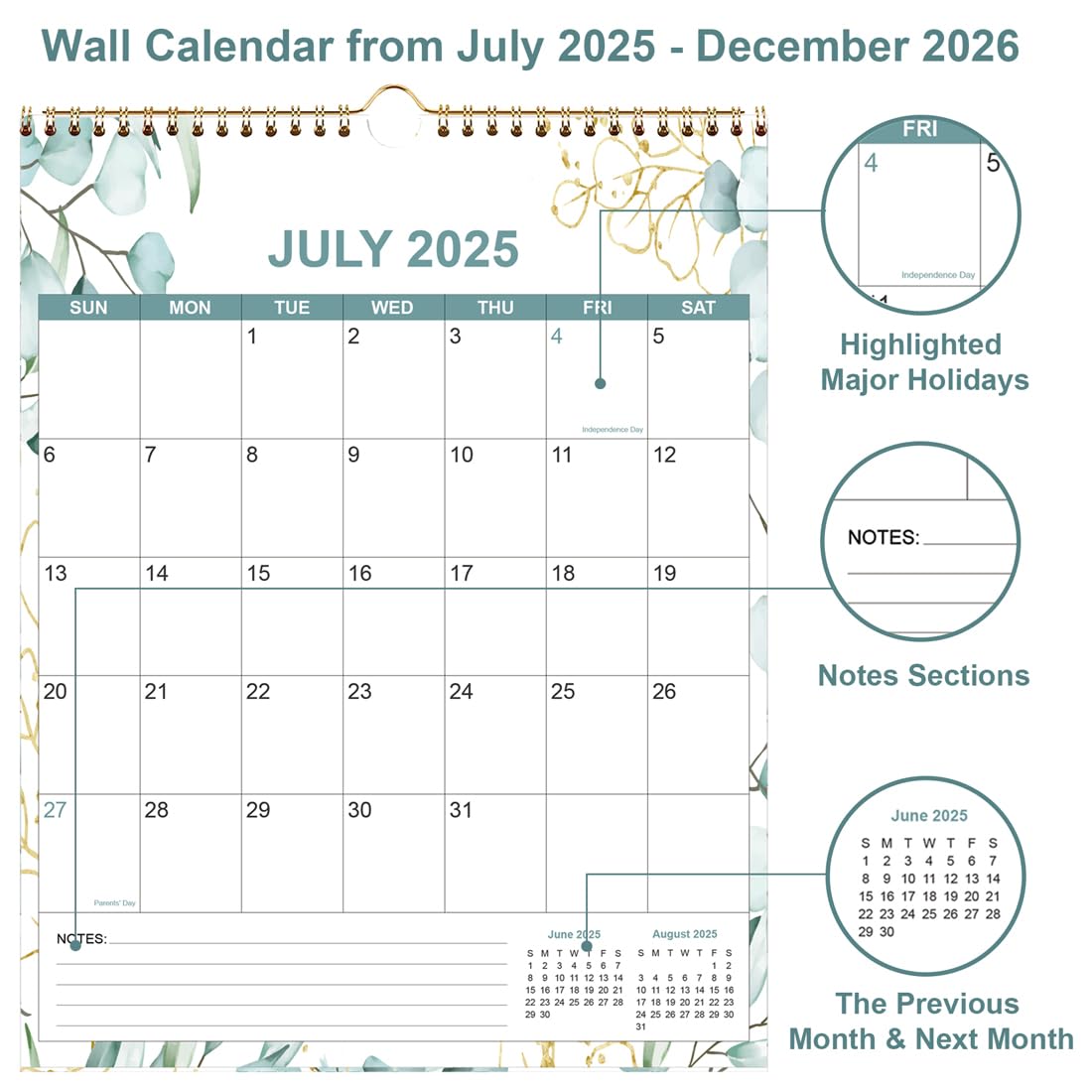 2025-2026 18-Month Wall Calendar Planner | July 2025 - December 2026 | Thick Paper 12