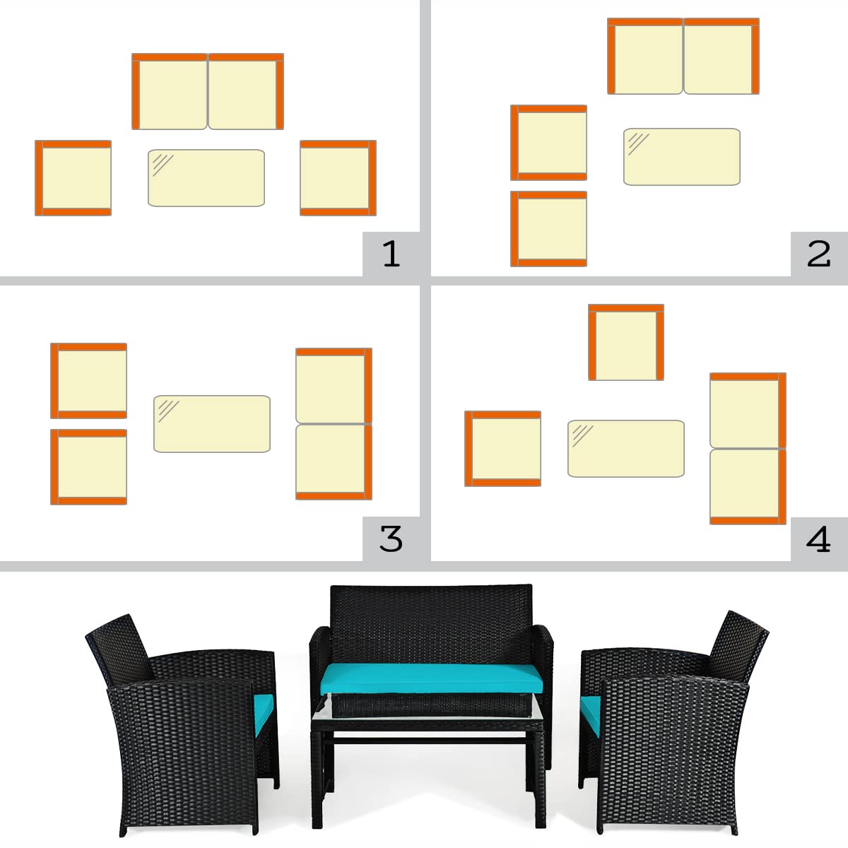 COSTWAY 4-Piece Outdoor Rattan Patio Furniture Set with Cushions & Glass Coffee Table - Wicker Sofa Conversation Set for Backyard, Porch, Garden, Lawn (Turquoise) | Perfect for Relaxing, Entertaining & Outdoor Dining