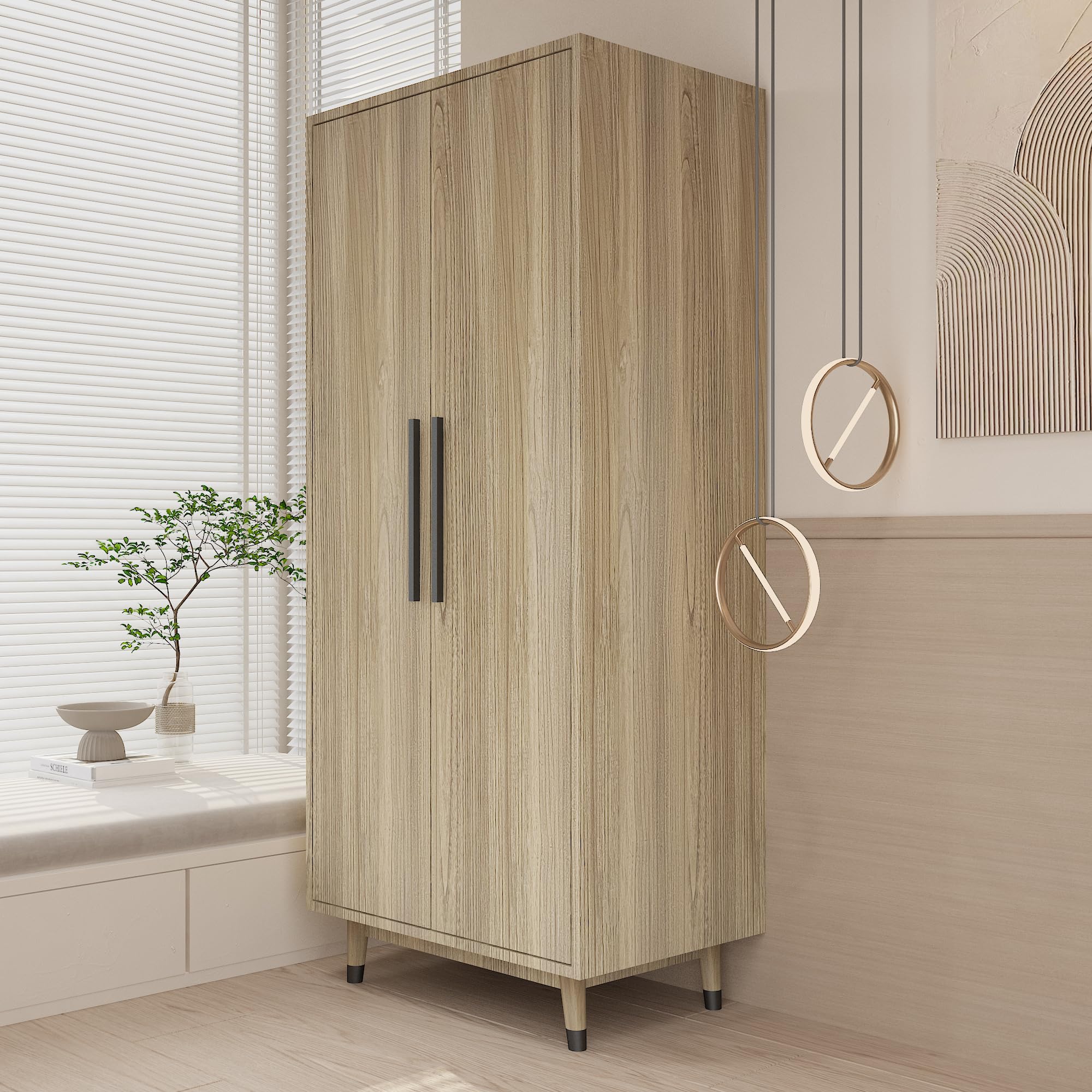 Modern Oak Wood Armoire Wardrobe - 2-Door Freestanding Closet with Adjustable Shelves & Hanging Rod - Spacious Storage Cabinet for Bedroom, Living Room or Walk-In Closet Organization