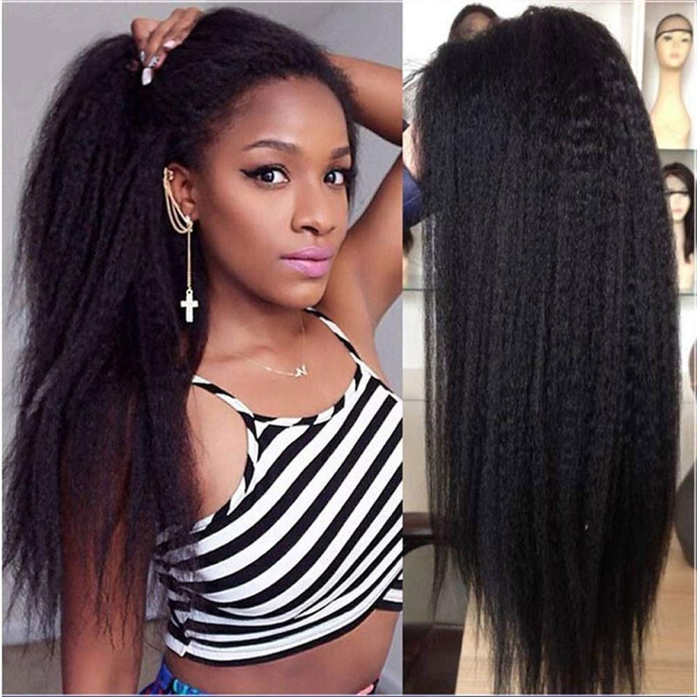 360 Lace Front Wigs 10A Brazilian Human Hair - Jet Black Kinky Straight #1 Color with Baby Hair - Small Cap Size 12