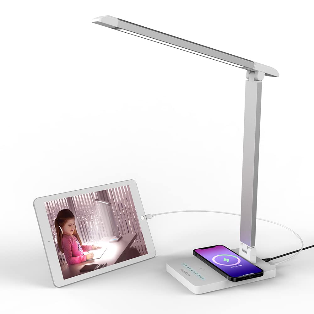 Eye-Caring LED Desk Lamp with Wireless Charger & USB Port - Foldable Dimmable Reading Lamp for Bedroom, Office, Study - Modern White Table Lamp for Home, Work & Nighttime Reading