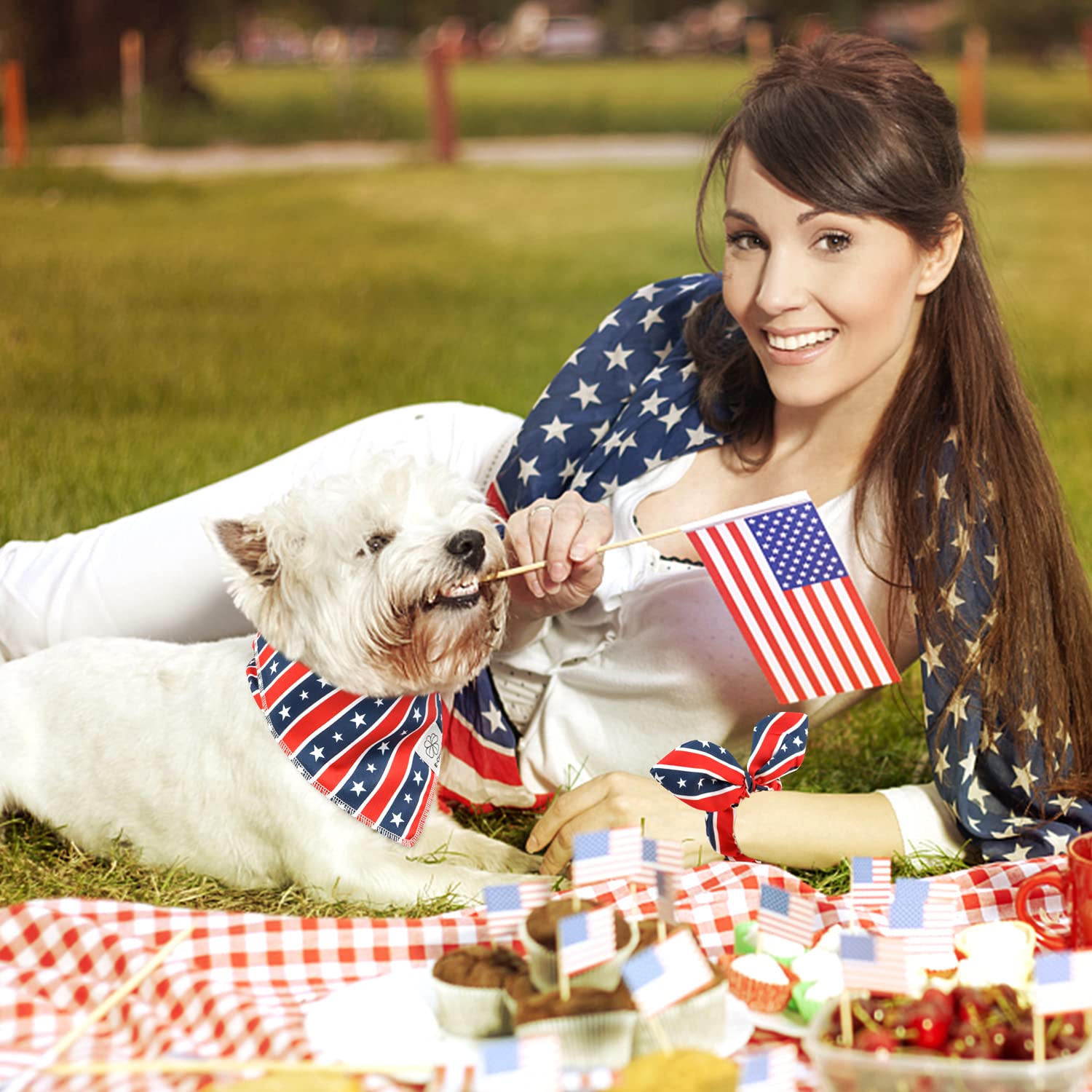E-Clover Patriotic American Flag Dog Bandana & Matching Scrunchie Set for Medium & Large Dogs - 4th of July Pet Accessories, Independence Day Dog Scarf & Owner Matching Gifts for Festive Celebrations, Parades, and Outdoor Adventures