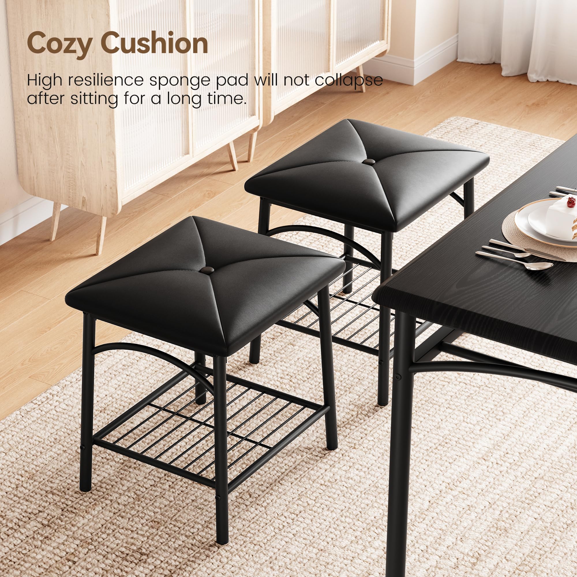 **IDEALHOUSE 4-Piece Dining Table Set with Upholstered Bench & Square Stools - Space-Saving Kitchen Table for Small Apartments, Includes Storage (Black) - Perfect for Breakfast Nooks, Compact Kitchens & Cozy Dining Areas**