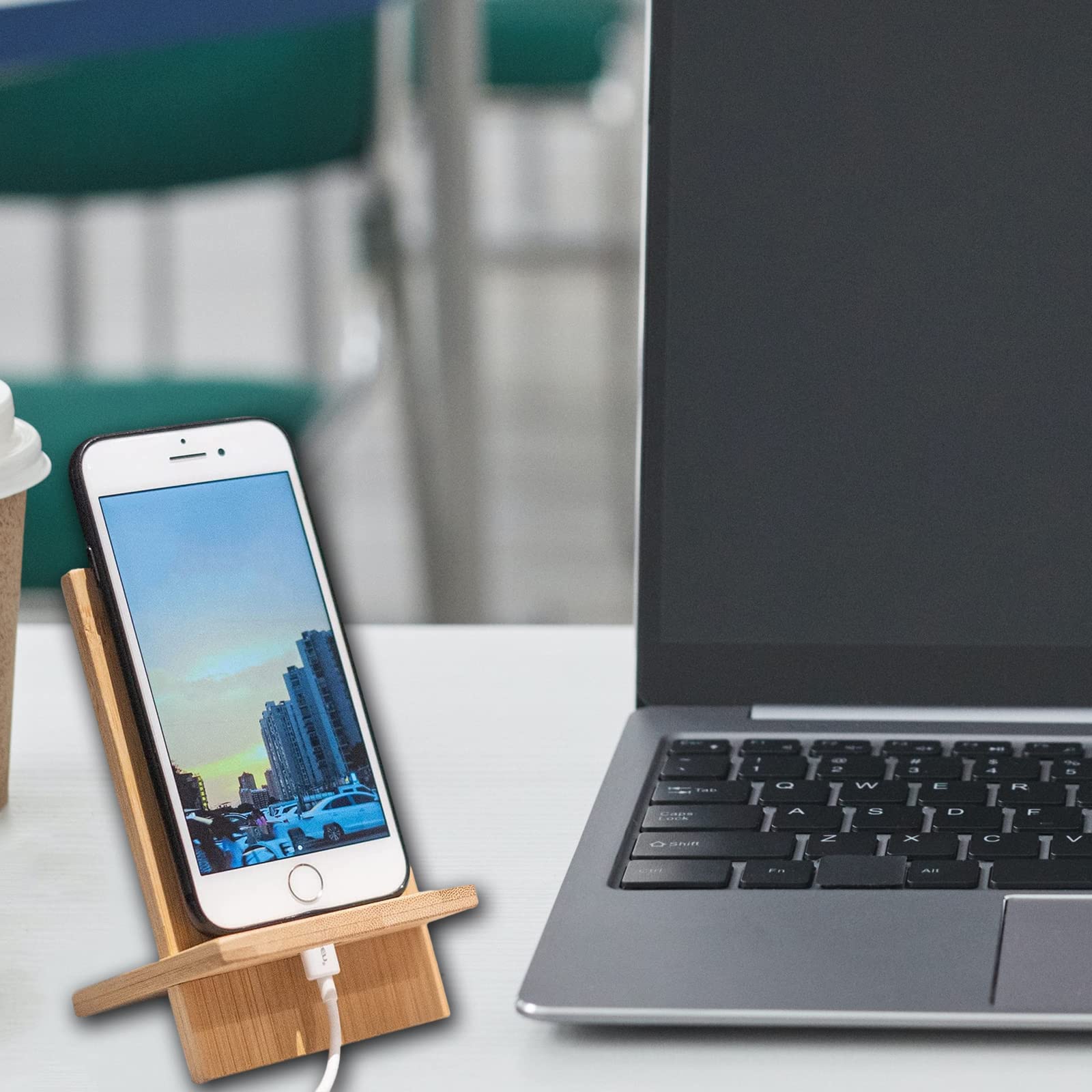 Bamboo Phone Stand with Charging Hole - Detachable & Portable Wooden Mobile Phone Holder for Desk, Office, Car, and Home Use