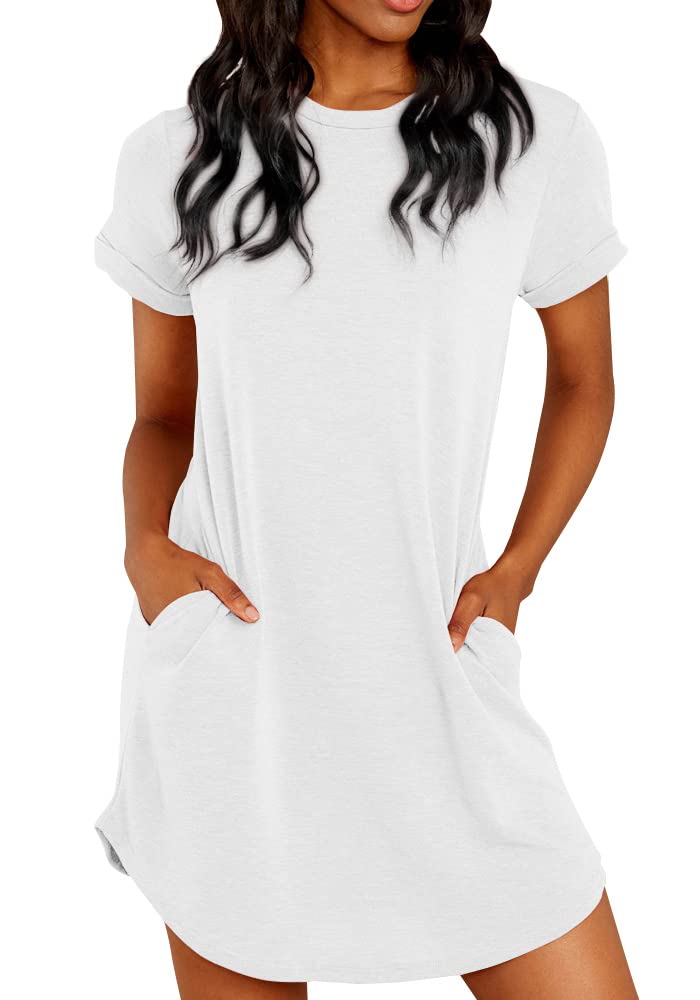 Women's Casual Short Sleeve T-Shirt Dress with Pockets - Comfortable Plain White Dress for Summer, Travel, and Everyday Wear