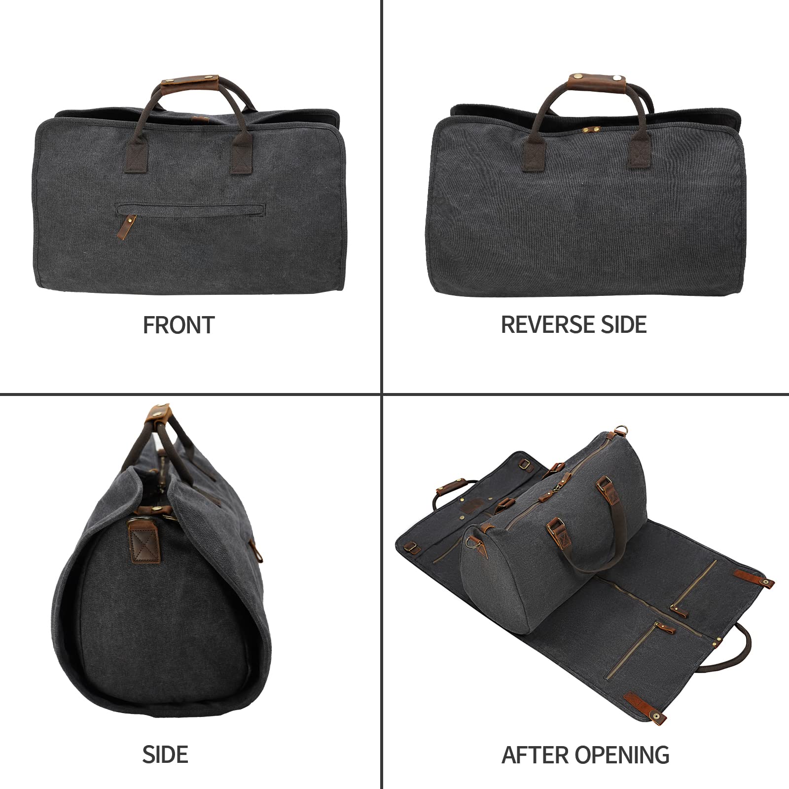 2 in 1 Canvas Leather Suit Luggage Garment Bag with Adjustable Shoulder Strap - Durable Travel & Business Carry-On for Men & Women (Black) - Perfect for Airplane, Office & Formal Events
