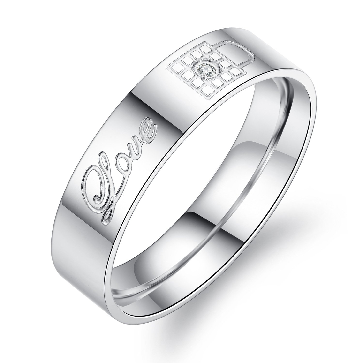 Unique White Titanium Stainless Steel Couple Rings with Love Lock & Key Design - Crystal Inlay Engagement & Wedding Bands for Him & Her - Perfect for Anniversaries, Proposals, and Romantic Gifts