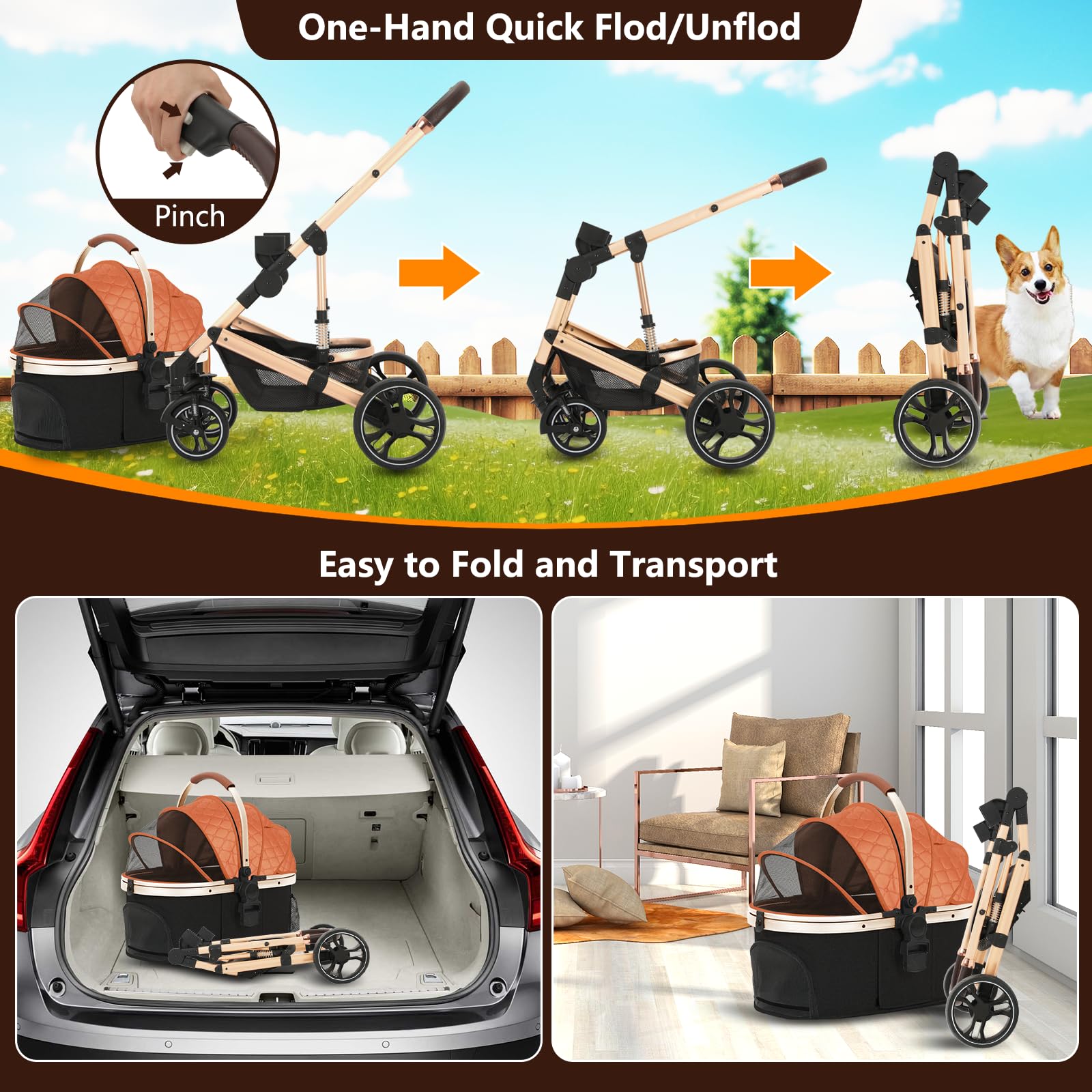 Premium 3-in-1 Folding Lightweight Pet Stroller with Detachable Carrier & Storage Basket - 4-Wheel Travel Stroller for Dogs, Puppies & Cats (Brown) | Perfect for Park Walks, Vet Visits & Shopping Trips