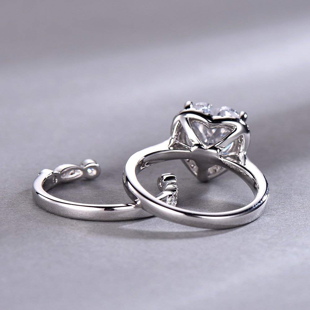 8mm Heart Shaped Engagement Ring Set - CZ Diamond Wedding Ring, Halo Promise Ring, Man Made Diamond Eternity Band in White Gold Plated - Perfect for Proposals, Anniversaries & Romantic Gifts