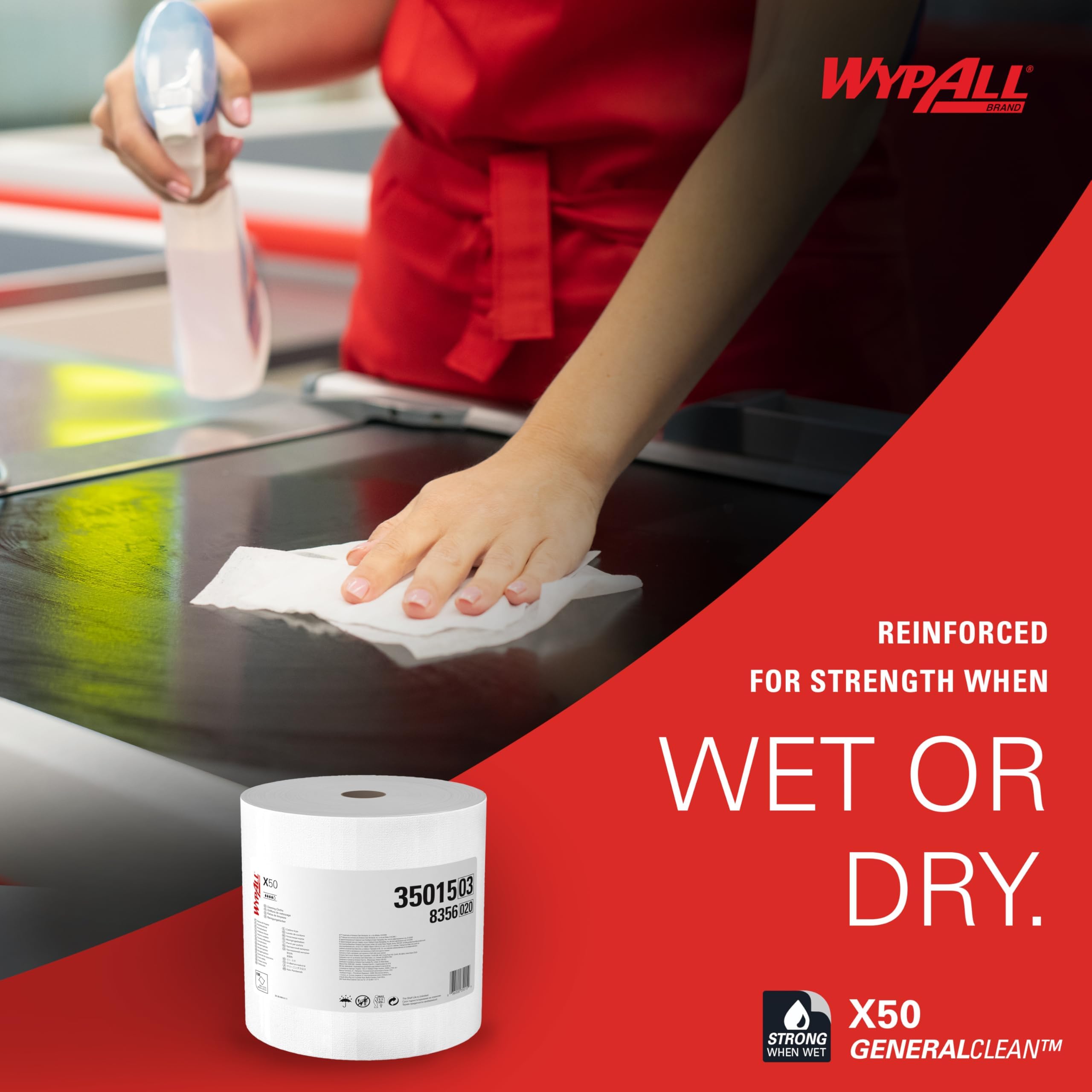 WypAll GeneralClean X50 Heavy-Duty Cleaning Wipes (35015) - Jumbo Roll with 1,100 Strong, Absorbent White Towels for Industrial & Home Use - Perfect for Workshops, Kitchens & Automotive Cleaning