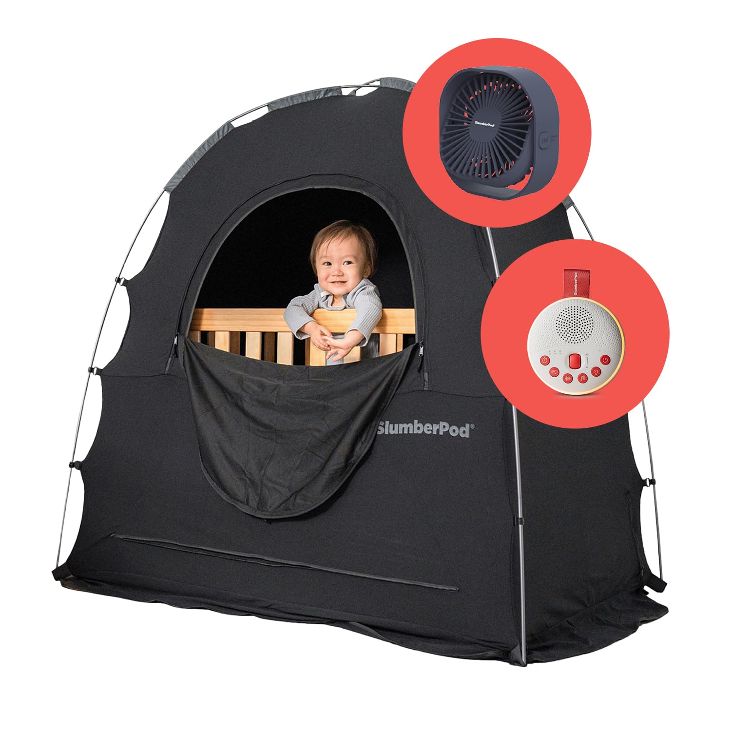 **SlumberPod Blackout Sleep Tent for Baby - Portable Travel Essential with Fan & Sound Machine | Blocks 95% Light for Mini Crib & Pack n Play | Includes 2 Pouches & Breathable Fabric - Perfect for Travel, Camping & Nursery**