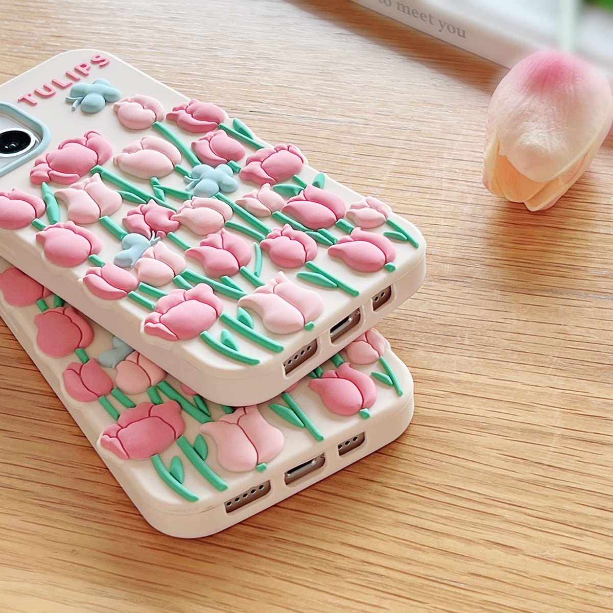 3D Tulip Flower Butterfly Cute Soft Silicone Shockproof iPhone 11 Pro Max Case with Lanyard - Kawaii Cartoon Phone Cover for Women, Perfect for Daily Use, Travel & Gift Giving