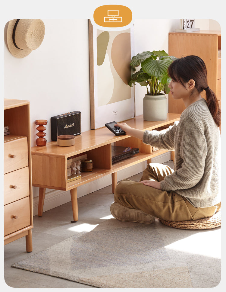 Solid Beech Wood TV Stand with Open Storage - Modern Entertainment Center for Living Room, Bedroom & Home Theater