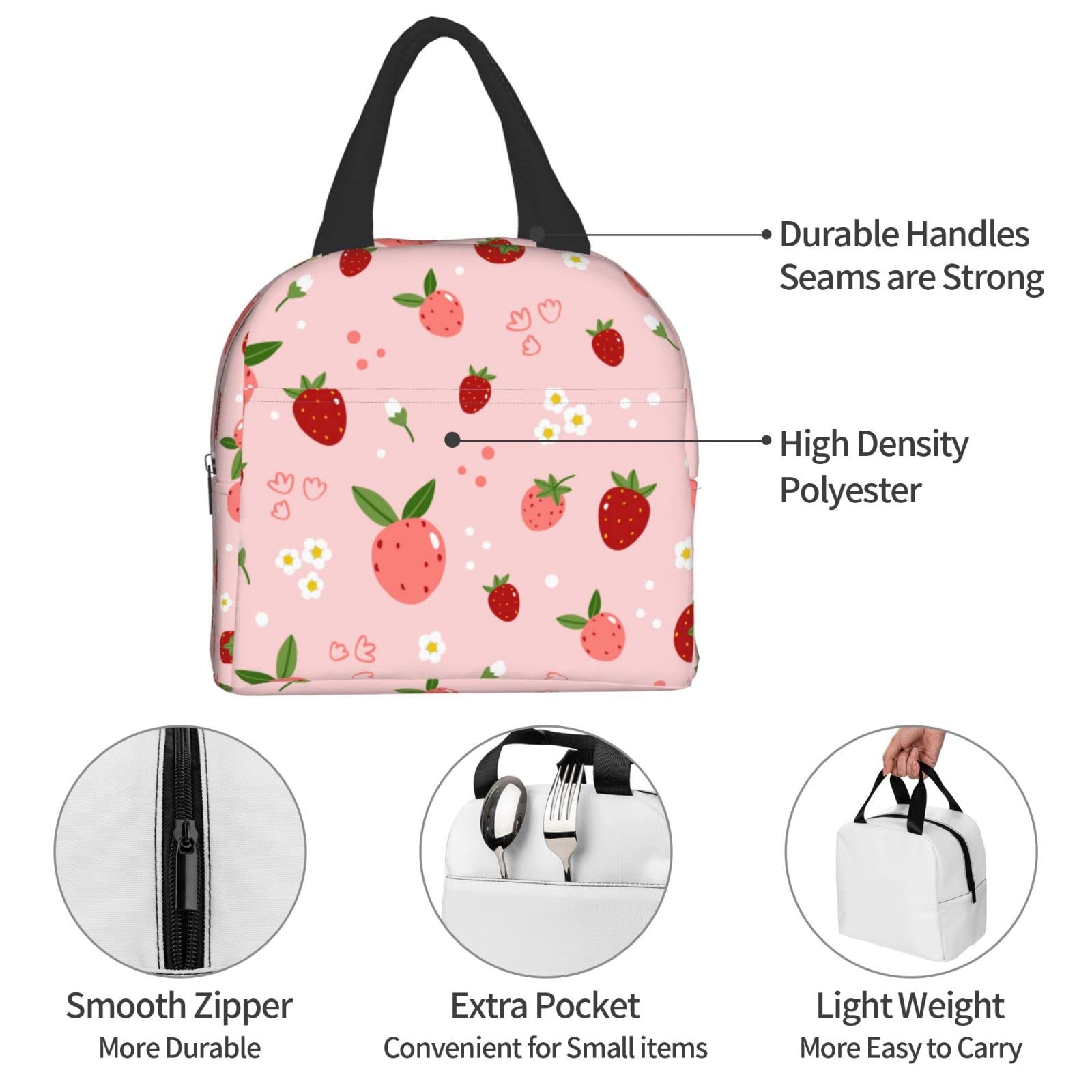 Ucsaxue Insulated Lunch Bag - Cute Strawberry & Floral Design Reusable Bento Box, Cooler Tote for Work, Picnic, Shopping - Perfect for Adults, Men & Women