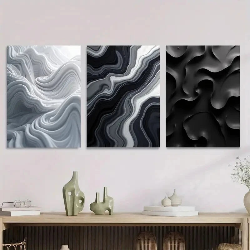 3-Piece Abstract Agate Black and White Metal Wall Art - Modern Ready to Hang Prints for Living Room, Bedroom & Office Decor