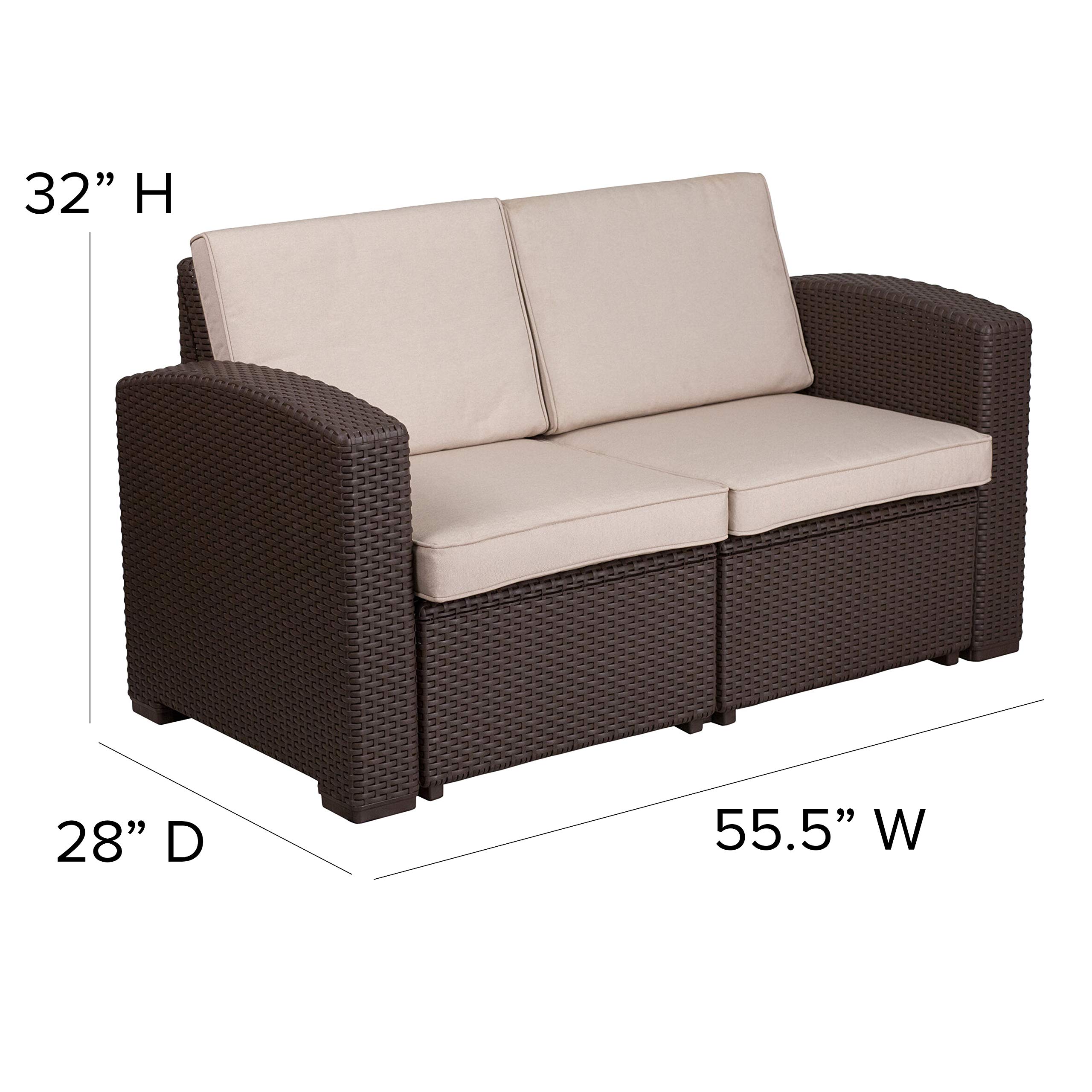 Flash Furniture Seneca Chocolate Brown Faux Rattan Loveseat with All-Weather Beige Cushions - Outdoor Patio, Garden, Poolside Seating for 2