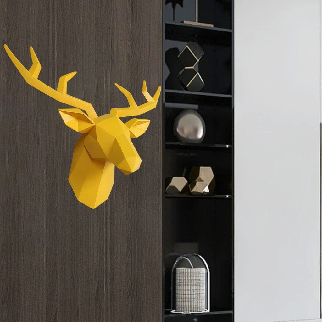 3D Deer Head Wall Mount Sculpture - Realistic Elk Antler Decor for Living Room, Office, Gallery - Yellow - Perfect for Rustic, Farmhouse & Hunting Lodge Decor