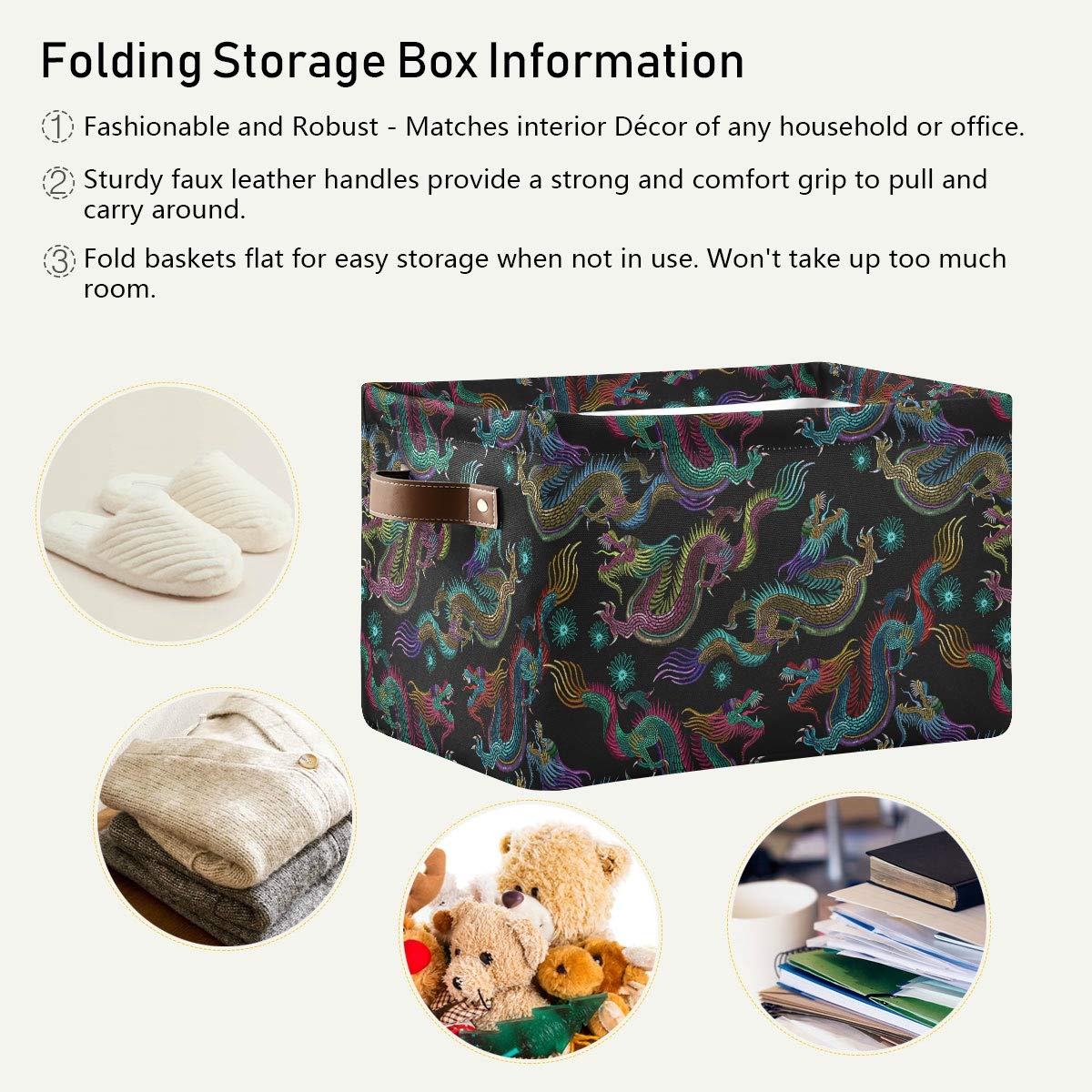 Large Asian Dragon Embroidery Collapsible Storage Basket - 15
