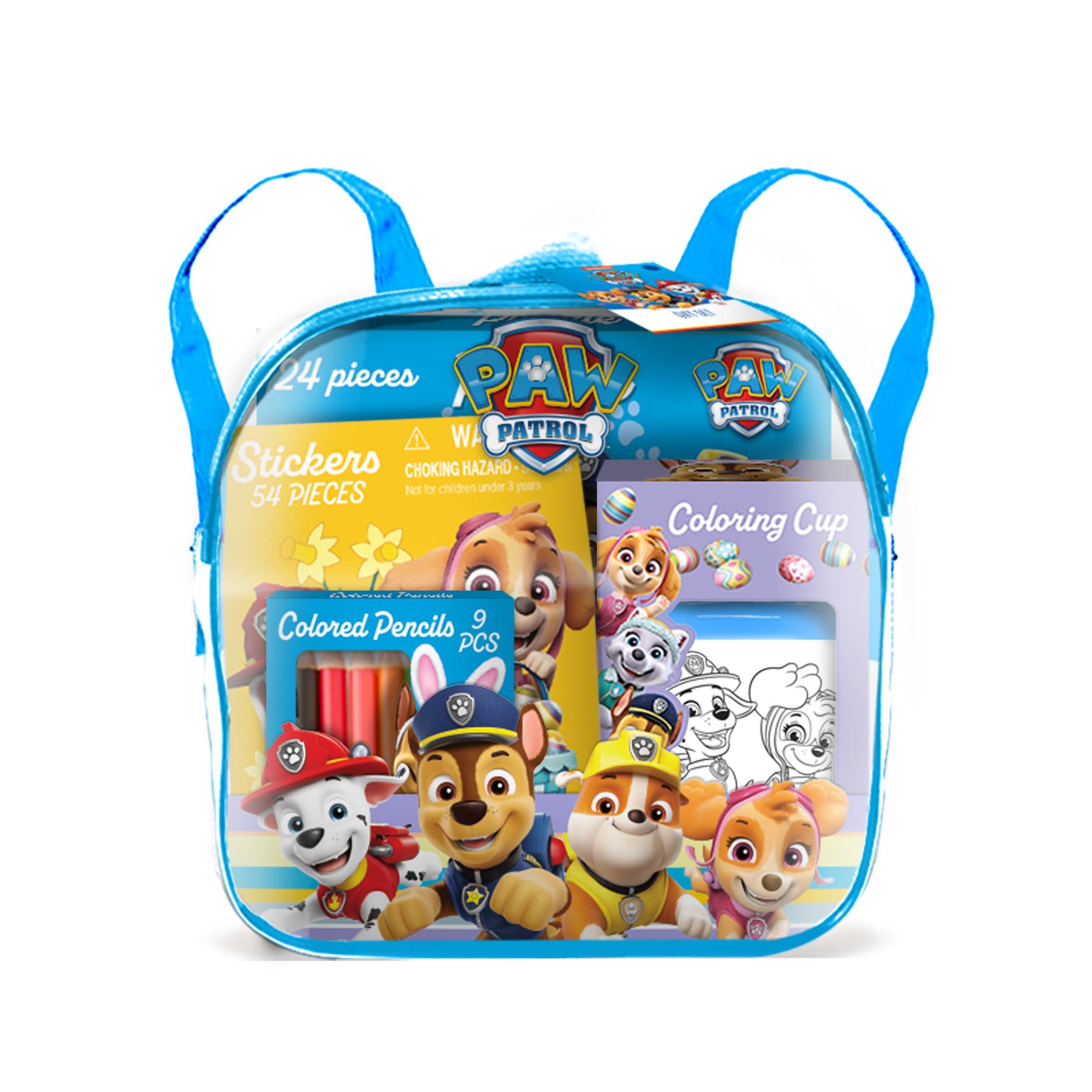 Paw Patrol Kids Backpack Set - Clear Easter Backpack with 54 Stickers, 24-Piece Puzzle & 9 Colored Pencils for School, Travel & Birthday Gifts