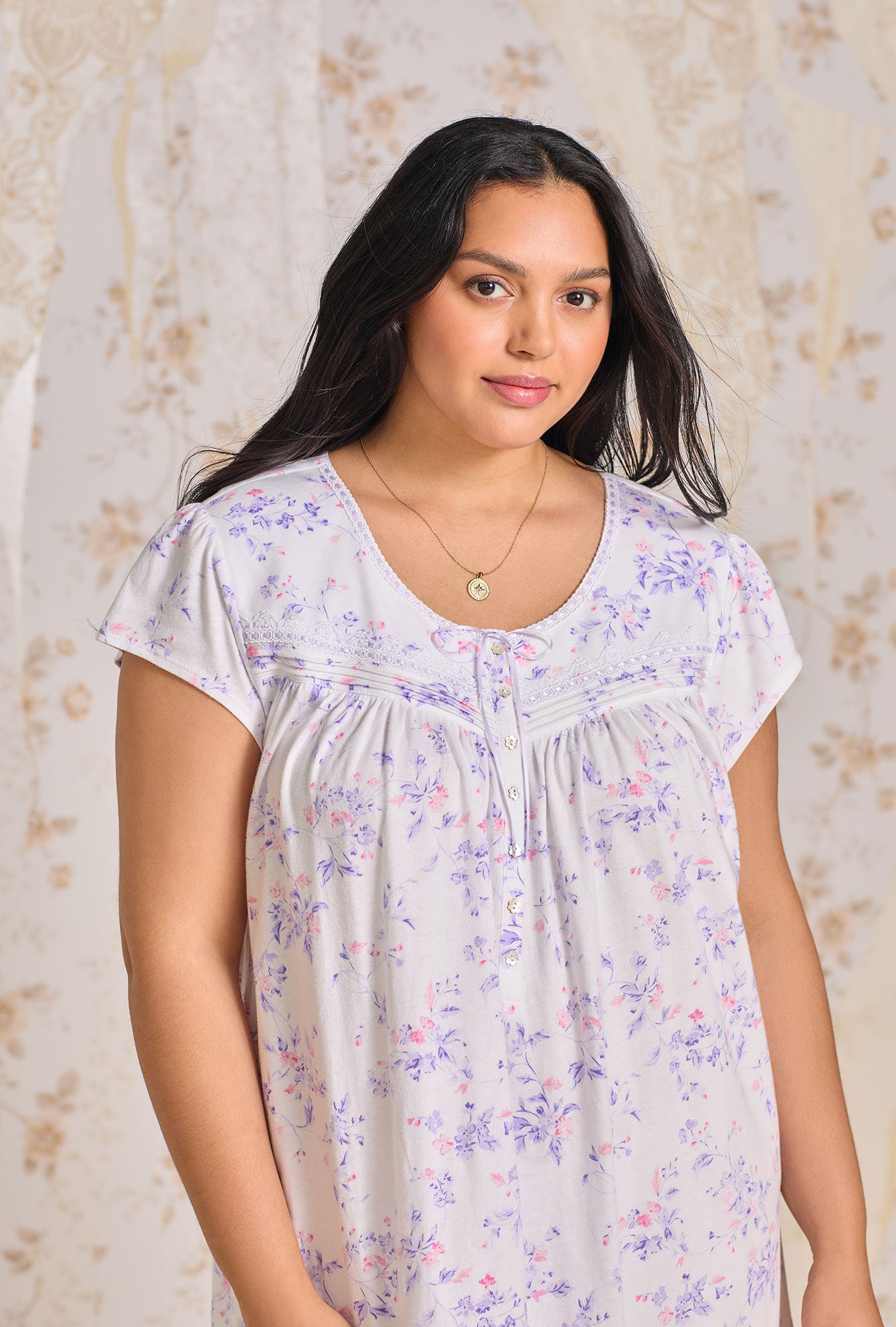 Petite Floral Cotton Knit Short Nightgown for Women - Soft Sleepwear & Lounge Dress for Summer Nights, Relaxing at Home