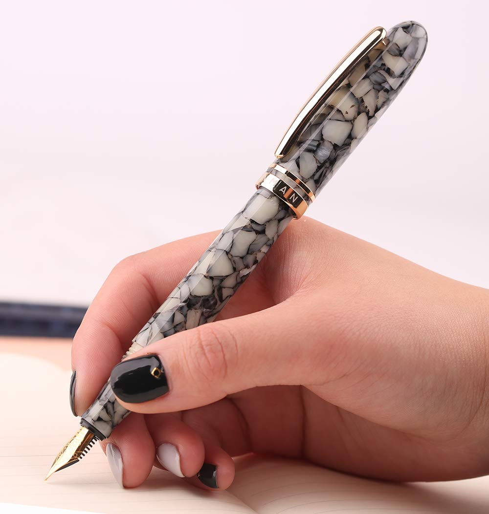 Premium Lanxivi M200 Fountain Pen - Gray Marble Design with SCHMIDT Iridium Fine Nib & Gold Clip | Vintage Style Writing Pen with Signature Case Set | Perfect for Calligraphy, Journaling & Business Signatures