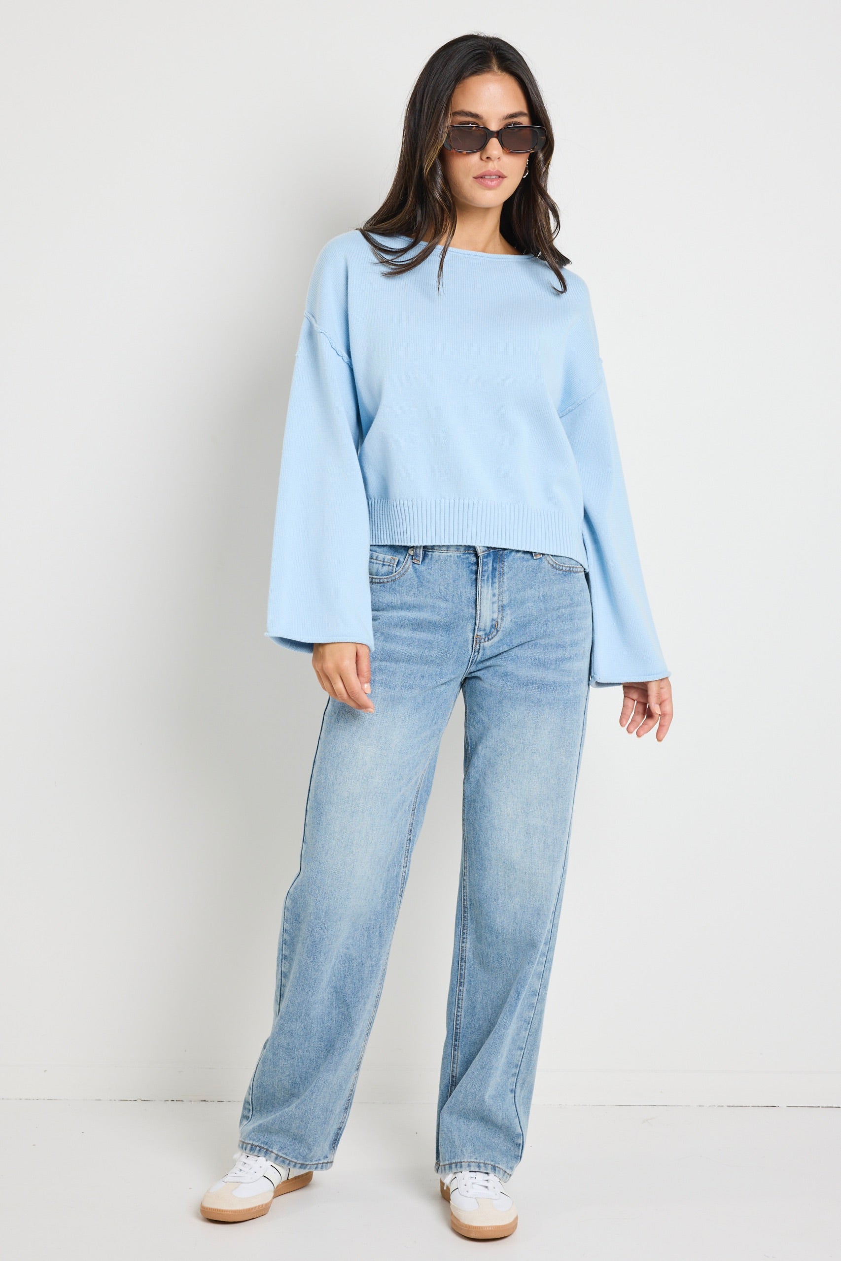 Daytime Ice Blue Long Sleeve Cotton Jumper for Women - Soft & Comfortable Casual Wear for Office, Travel & Everyday Outfits