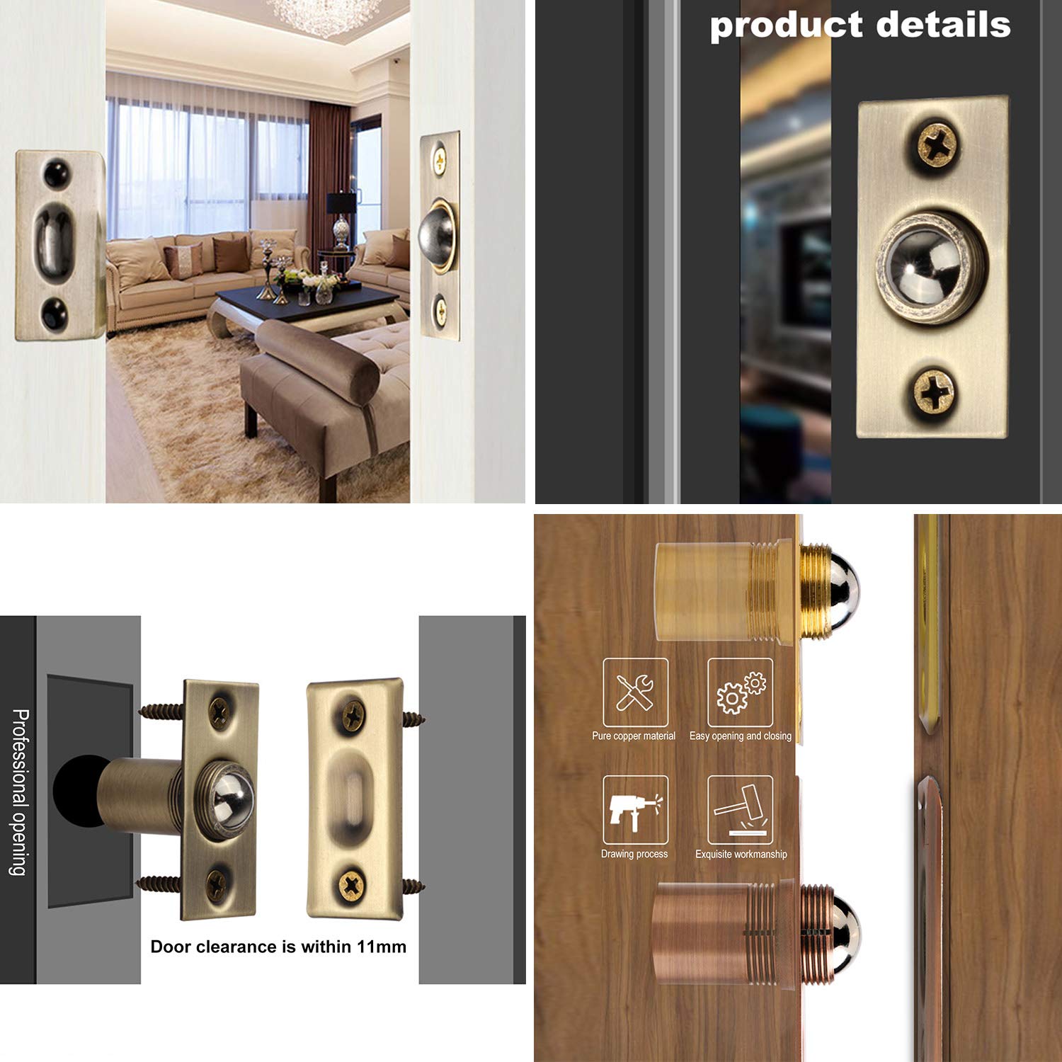 Adjustable Spring Ball Catch Latch for Closet & Cabinet Doors - Gold (Pack of 2) | French Door Catches | Perfect for Home, Office & RV Use