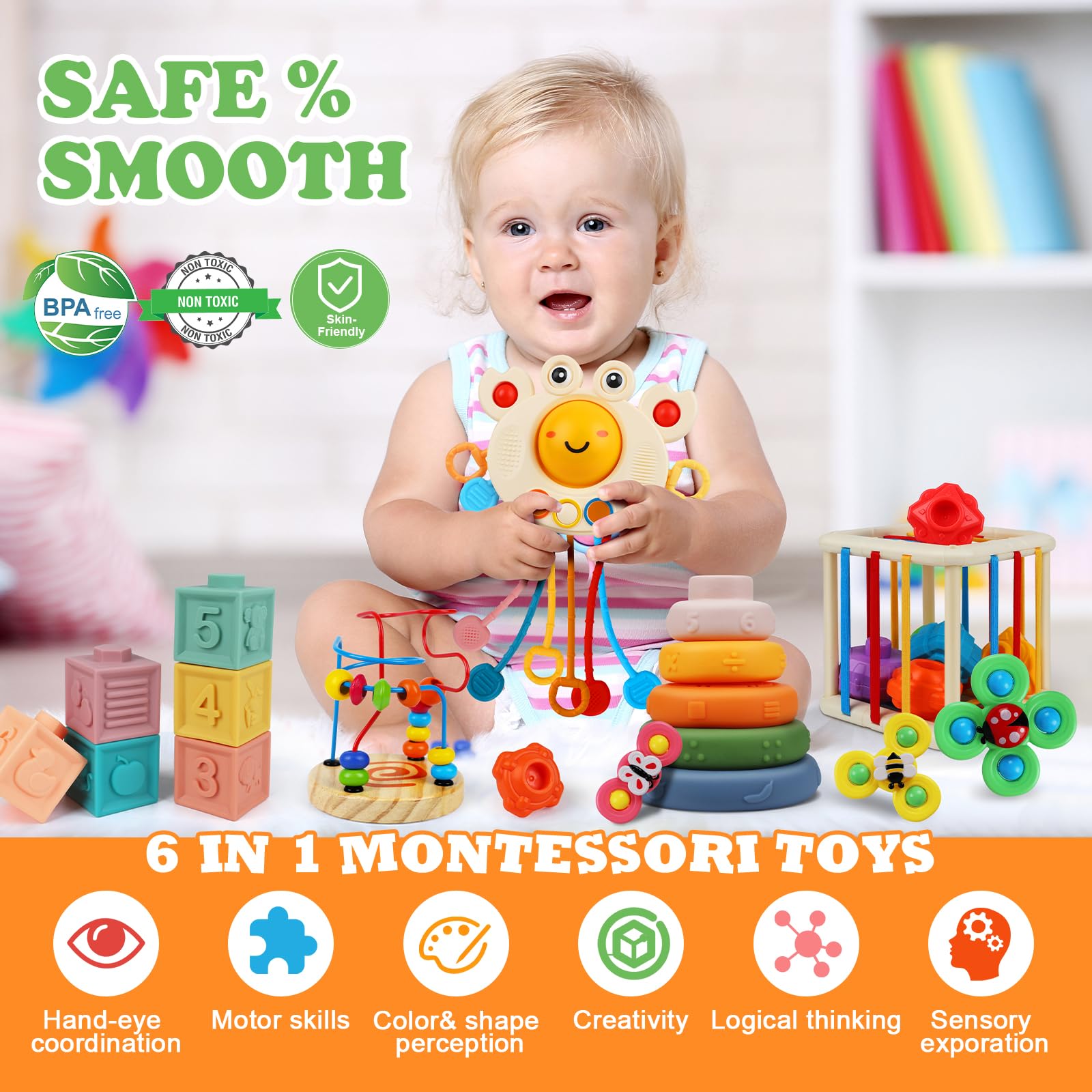 Montessori Baby Toys 6-12 Months - 6-in-1 Sensory Learning Toy with Stacking Blocks, Bead Maze & Teether for Toddlers 1-3 Years | Early Education Developmental Toy for Boys & Girls | Perfect for Daycare, Playtime & First Birthday Gifts