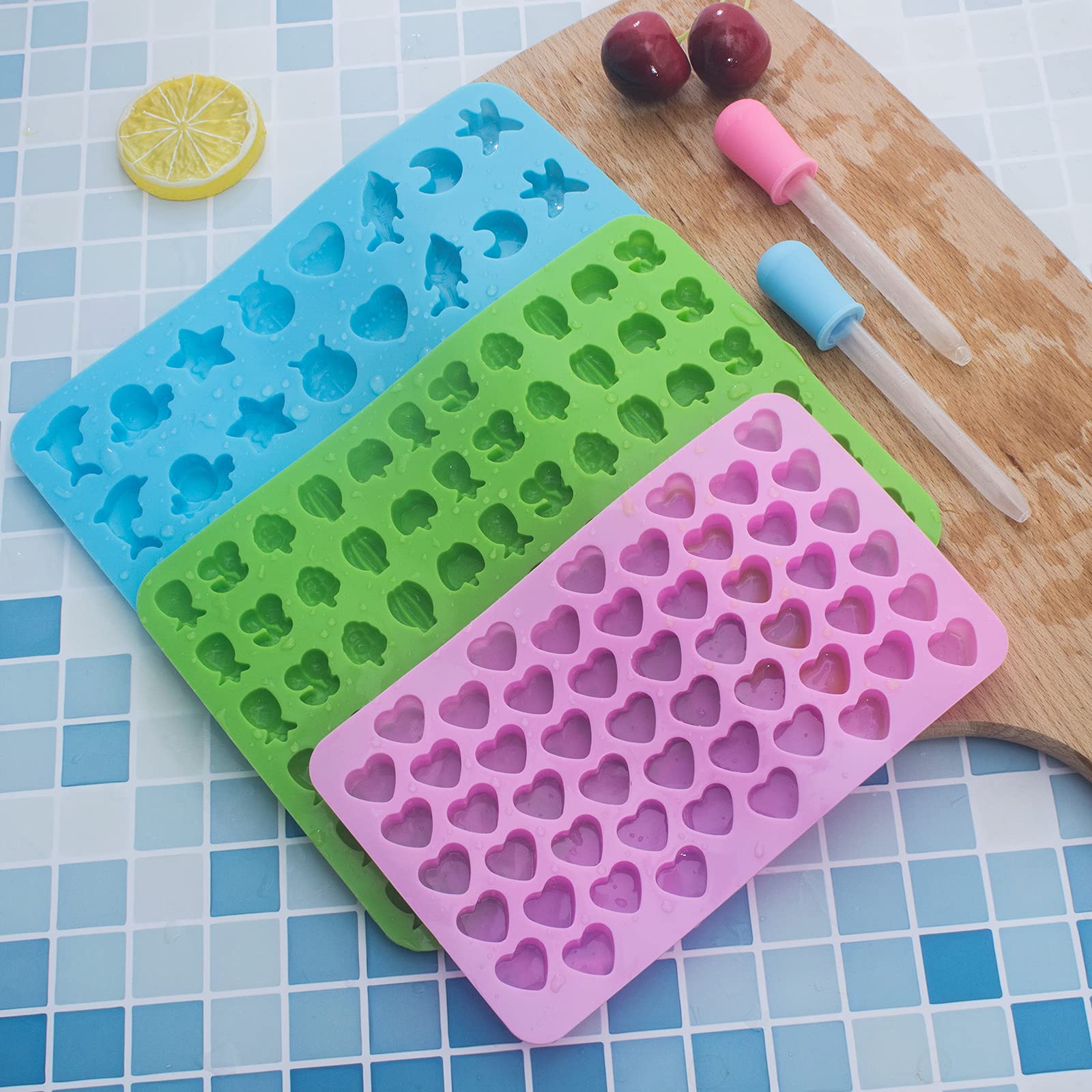 3 Pack Mini Silicone Candy Molds - Heart, Fruit & Sea Animal Shapes with 2 Droppers for Homemade Gummies, Chocolates & Ice Cubes | Perfect for DIY Treats, Party Favors & Kids Baking Activities