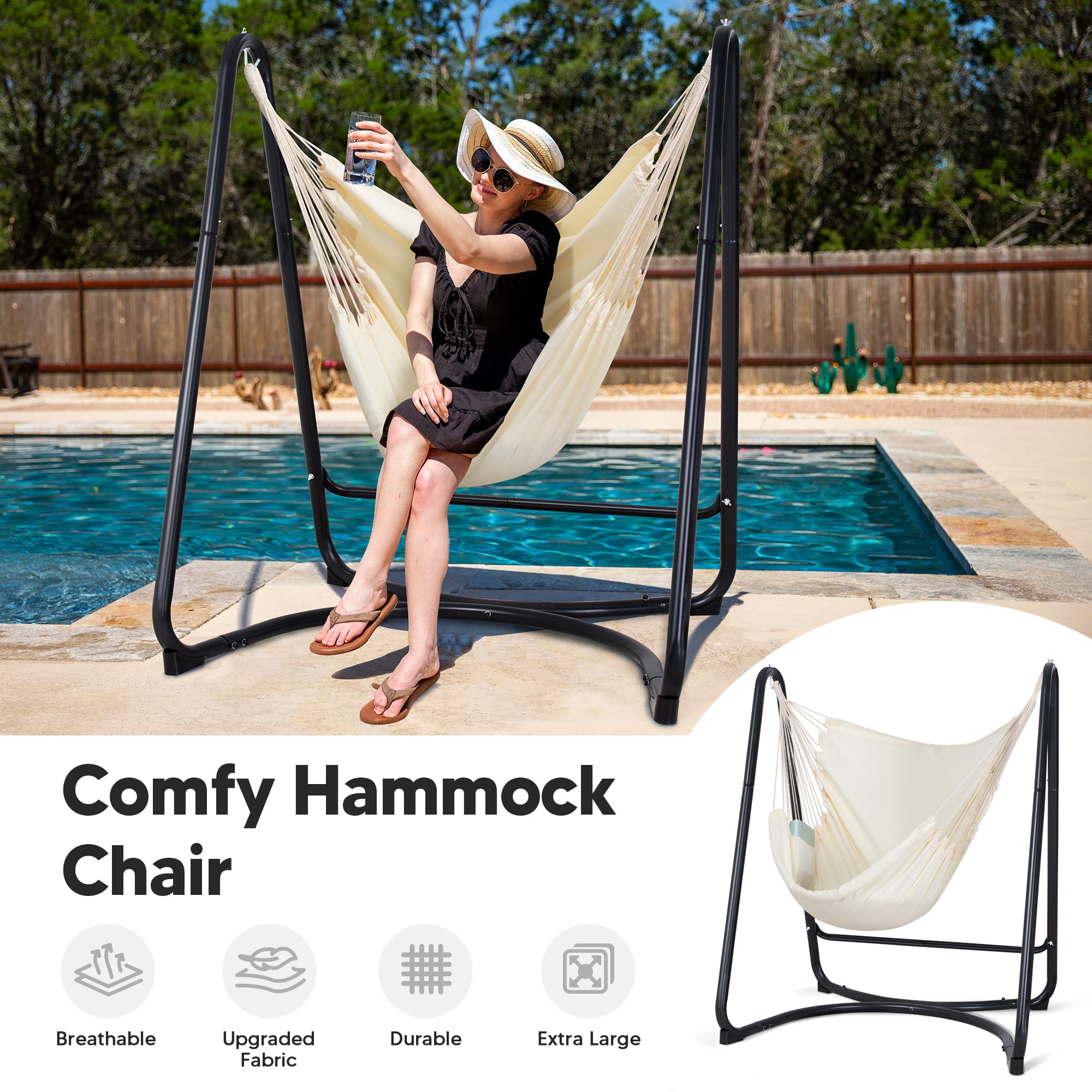SUNCREAT Indoor/Outdoor Hammock Swing Chair with Stand - 330 lbs Weight Capacity, Beige - Perfect for Living Room, Bedroom, Patio & Garden Relaxation