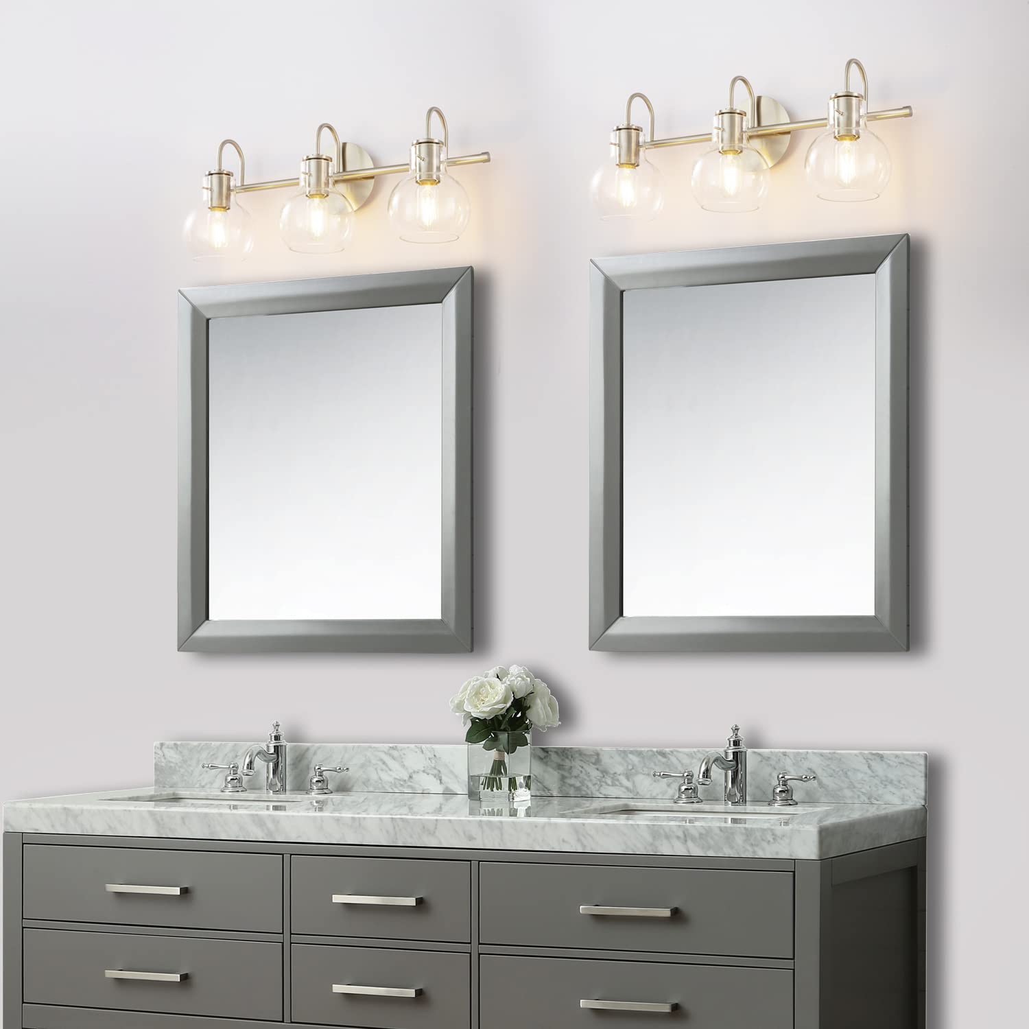SOLFART Brushed Nickel Bathroom Vanity Light Fixture - Modern 3-Light Wall Sconce with Glass Shade for Mirror Lighting | Perfect for Bathroom, Powder Room & Dressing Area Illumination