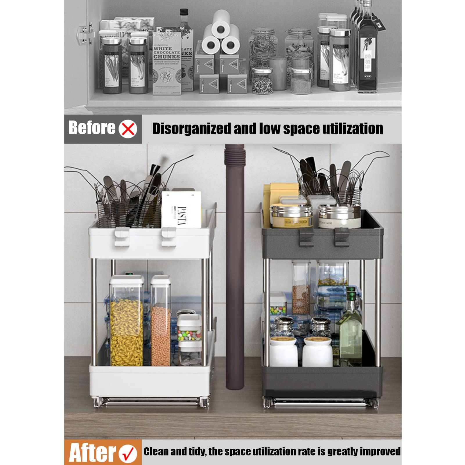 Sliding Rail Pull-Out Storage Organizer - Under Sink Cabinet Shelf with Hooks | 2-Tier Kitchen & Bathroom Storage Basket | Black Drain Rack for Countertop Organization (Includes Accessories) - Perfect for Small Space Organization & Clutter-Free Home