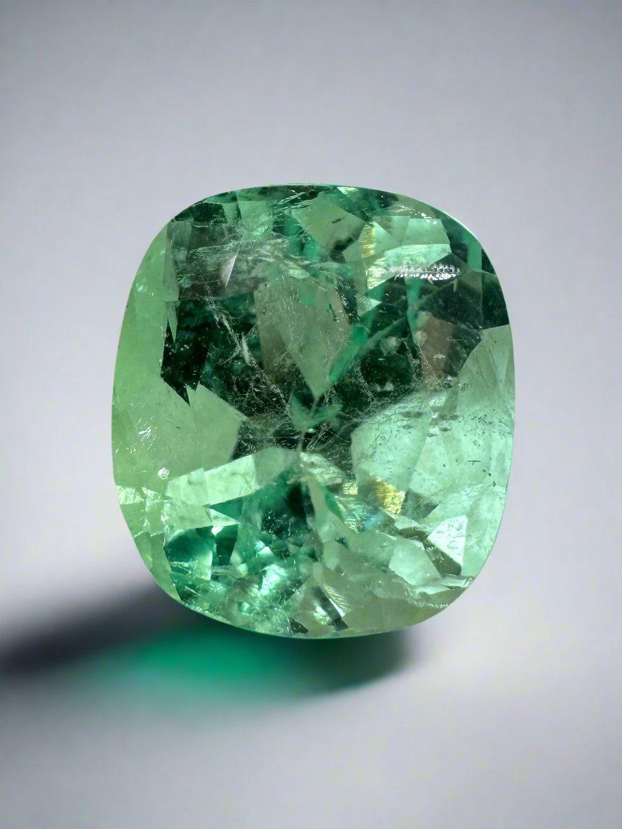 4.13 Carat 10x9mm Pastel Yellowish Green Natural Loose Colombian Emerald Cushion Cut Gemstone for Jewelry Making, Engagement Rings & Collector's Items