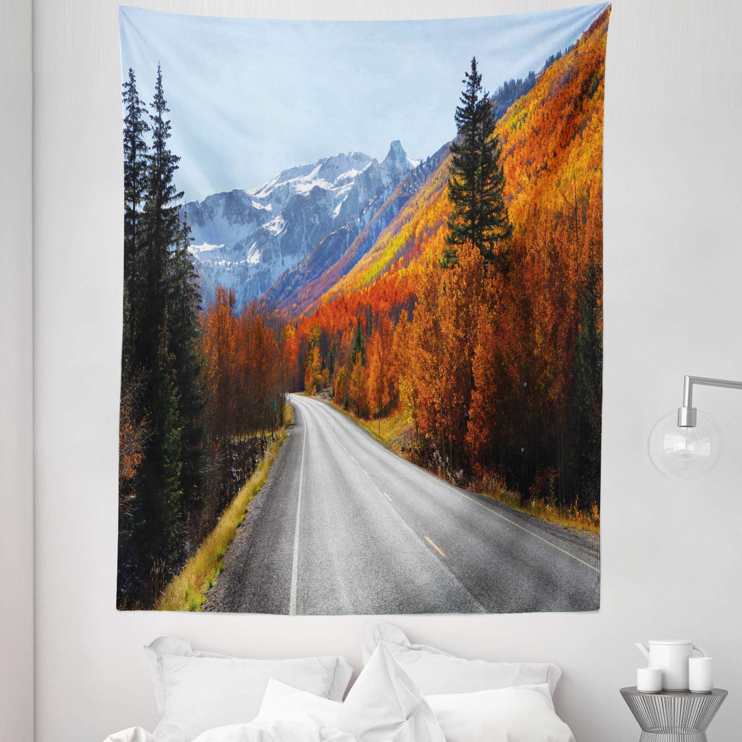 Ambesonne Fall Tapestry Twin Size - Scenic Countryside Landscape with Snowy Mountains & Autumn Foliage - 68x88 Inch Wall Hanging for Bedroom Decor, Bedspread, Living Room Wall Art | Perfect for Seasonal Home Decoration & Travel Enthusiast Gifts