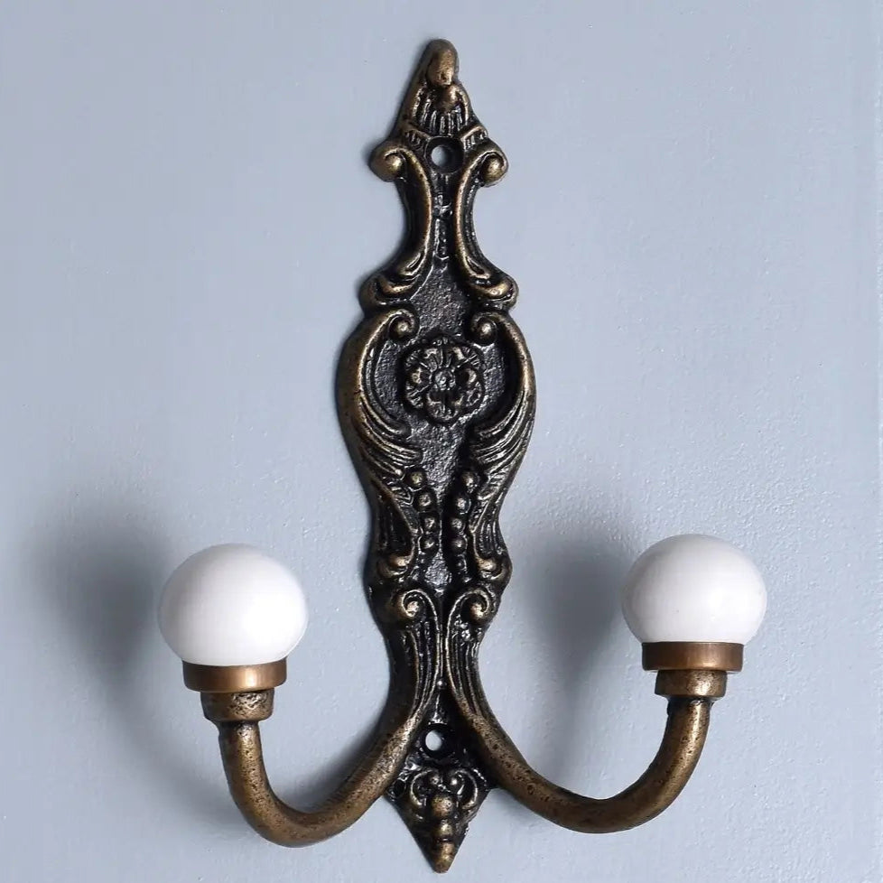Vintage Filigree Iron Double Hook with Ceramic Knob - Rustic Wall Hooks for Coats, Hats, Keys & Home Decor