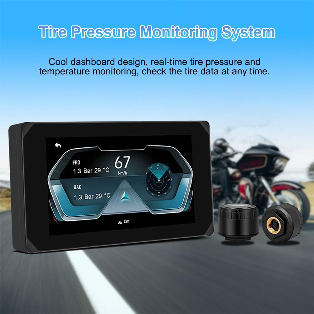 VSYSTO 5 Inch Motorcycle Touchscreen with Wireless CarPlay & Android Auto, GPS Navigation, WiFi, Waterproof HD 1080P Front/Rear Dash Camera DVR & Tire Pressure Sensors - Perfect for Motorcycle Rides, Commuting & Adventure Tours