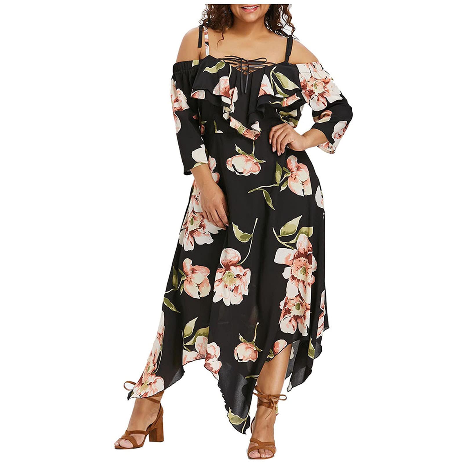 DOYIMBO Women's Floral Off-Shoulder Maxi Dress with Sleeves - Ankle Length Spaghetti Strap Summer Beach Vacation Dress for Outdoor Parties, Date Nights & Tropical Getaways