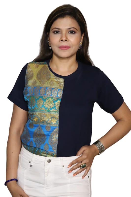 Supergirl Attitude Bandana Half Sleeve Navy Blue T-Shirt with Blue Gold Brocade Panel for Women & Girls | Trendy Graphic Tee for Casual Wear, Cosplay & Superhero Fashion