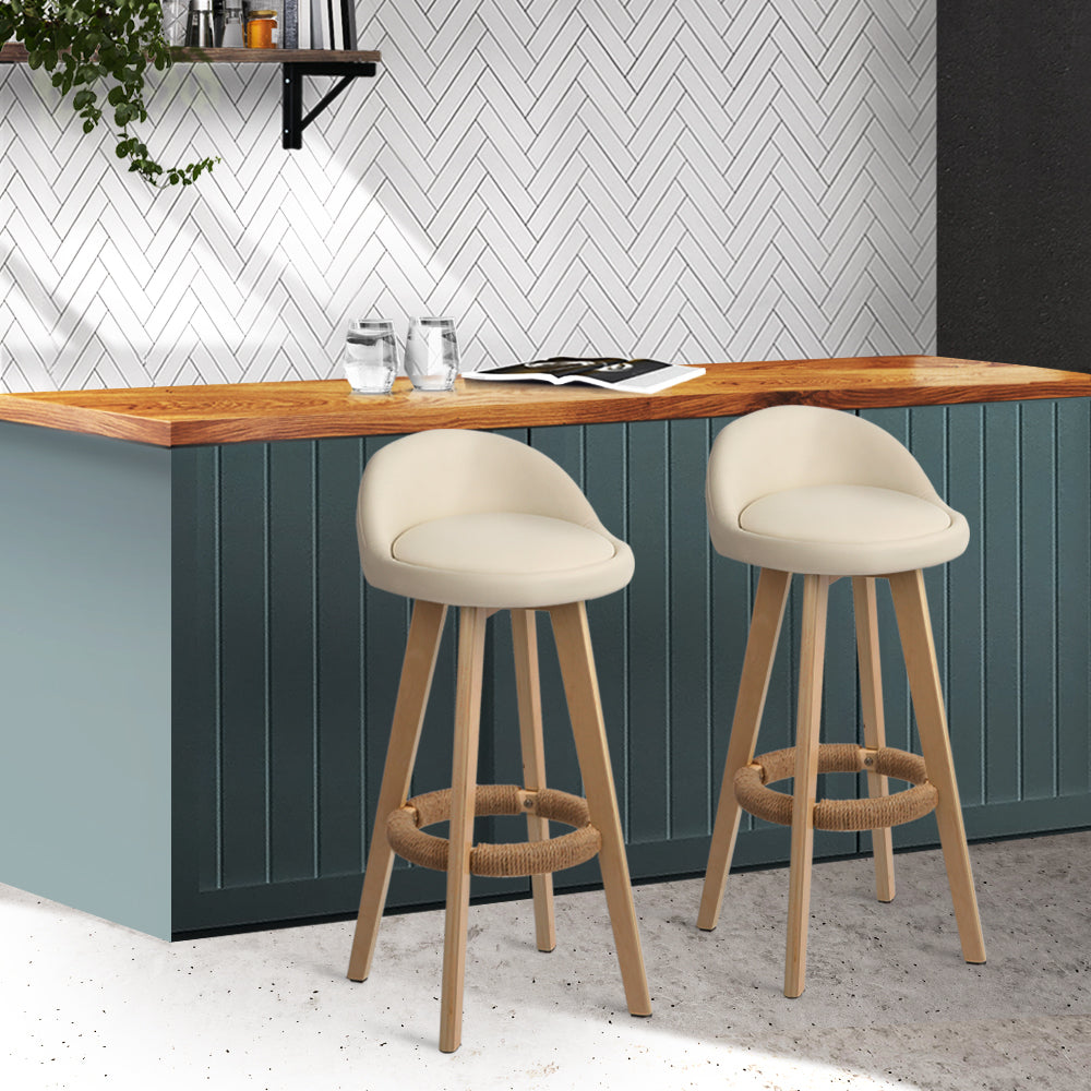 2 Padded Leather Bar Stools with Wooden Frame in Beige - Perfect for Kitchen Islands, Breakfast Bars & Home Decor