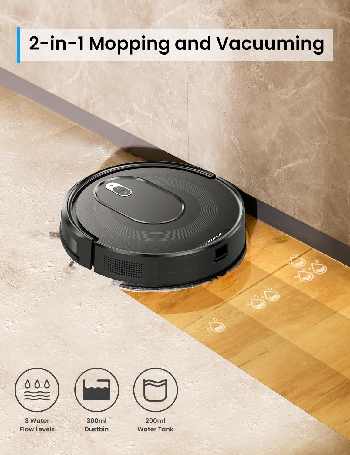 W7 Robot Vacuum and Mop Combo - 2-in-1 Self-Charging Robotic Cleaner with 120min Runtime for Pet Hair, Hard Floors & Carpets | Smart Home Cleaning for Living Room, Bedroom & Office (Black)
