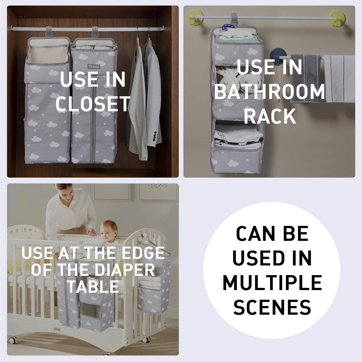 Orzbow 3-in-1 Baby Diaper Caddy & Nursery Organizer | Portable Hanging Storage for Diapers, Wipes & Baby Essentials | Perfect for Crib, Changing Table or Nursery Wall (Gray) | Ideal for Quick Diaper Changes & Organized Nursery Spaces