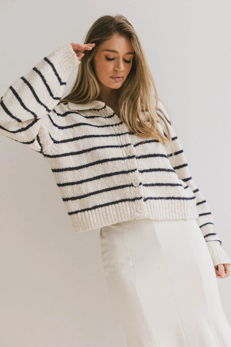Navy Blue Striped Knit Cardigan for Women - Soft & Cozy Long Sleeve Open Front Sweater - Perfect for Fall Layering, Office Wear & Casual Outfits