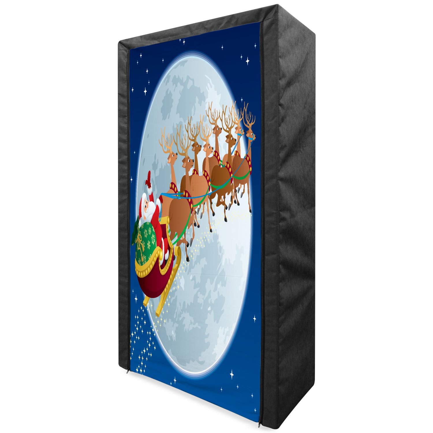 Ambesonne Santa Portable Fabric Wardrobe - Christmas Night Scenery with Santa Claus on Sleigh Flying to Moon - 33.5 Inch Multicolor Clothing Organizer & Storage Closet with Shelves - Perfect for Holiday Decor, Bedroom Storage & Seasonal Organization