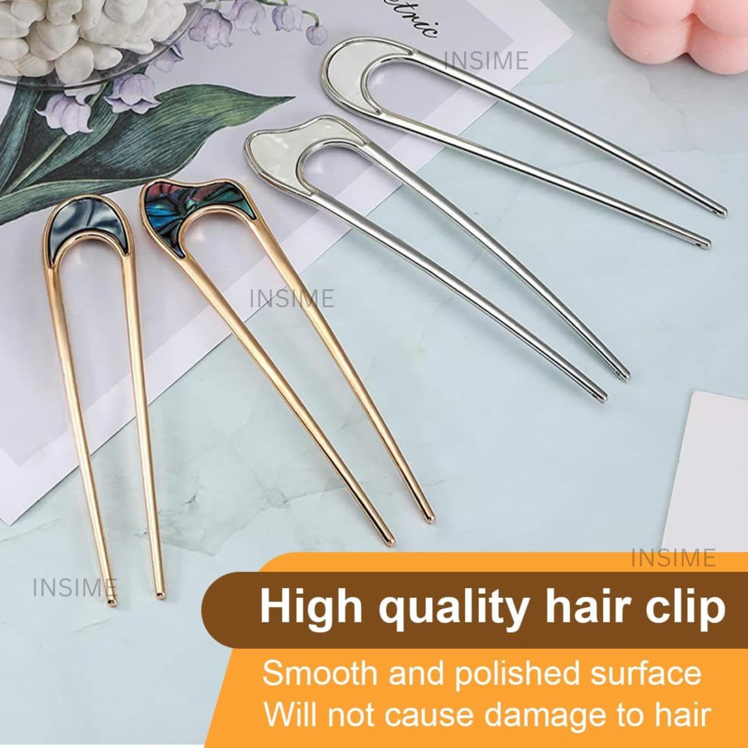 INSIME Elegant Marble Hair Stick for Women - 4 Pack Premium Metal Hair Bun Sticks with Stylish Design for Updos, Buns & Special Occasions
